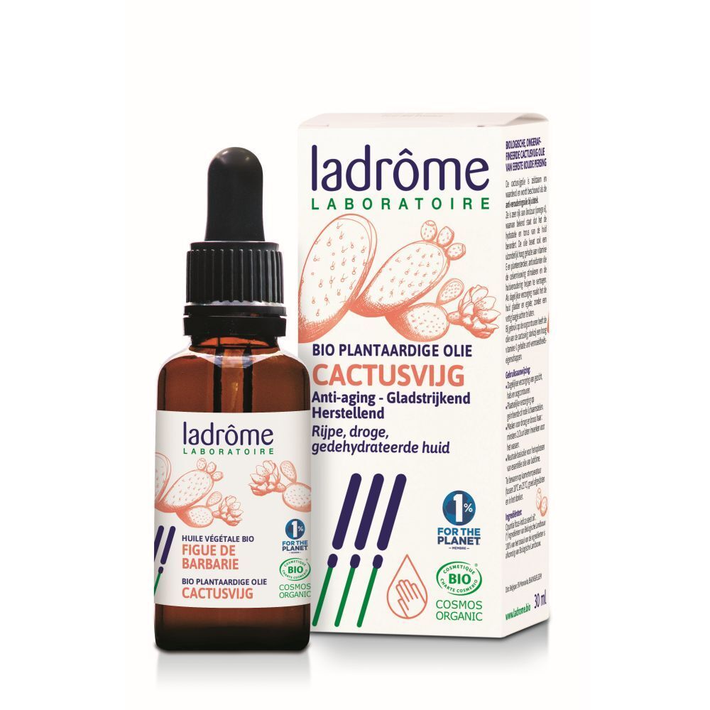 Flacon en verre brun avec pipette et boîte. Inscription: Bio plantaardige olie Cactusvijg. Certification bio.