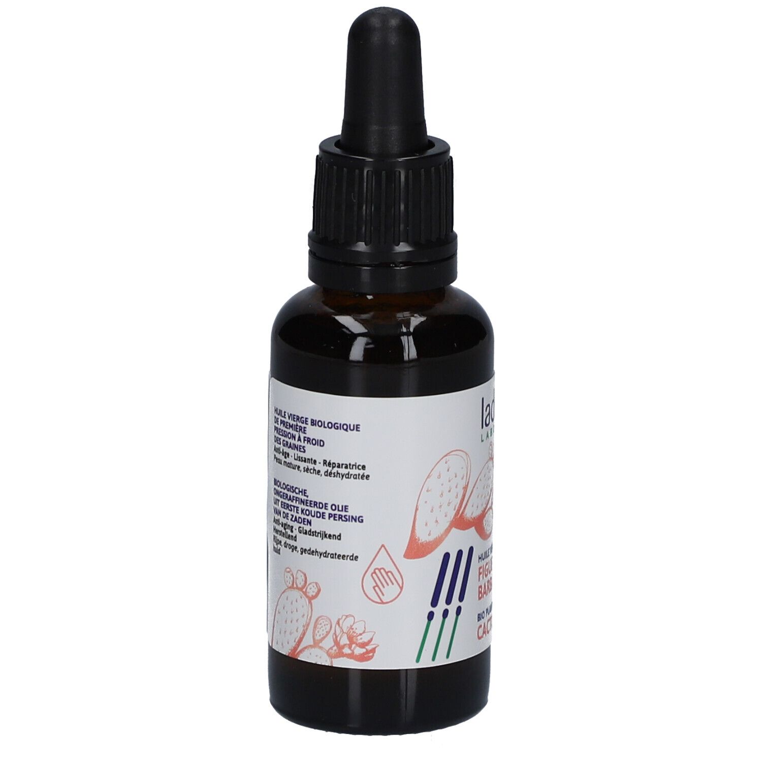 Braune Glasflasche mit schwarzem Verschluss und Pipette. Etikett mit Produktinformationen und Logo.