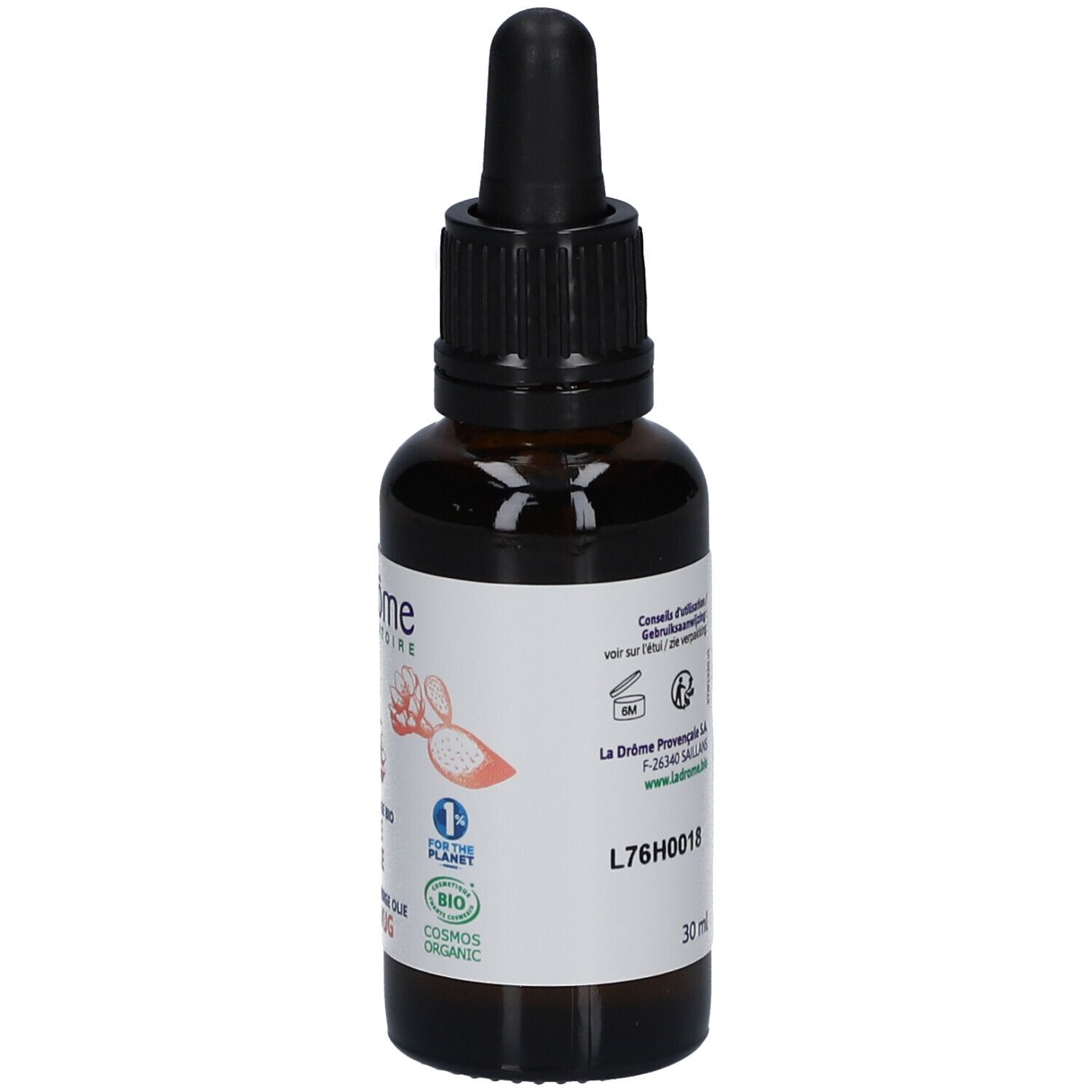 Braune Glasflasche mit schwarzem Verschluss und Pipette. Etikett mit Produktinformationen und Logo.