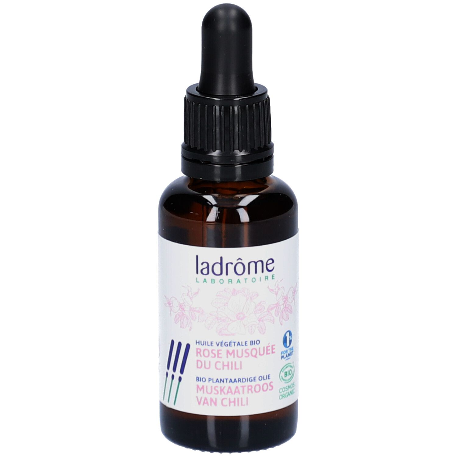 Flacon en verre brun avec bouchon noir et pipette. Étiquette avec texte et logo.