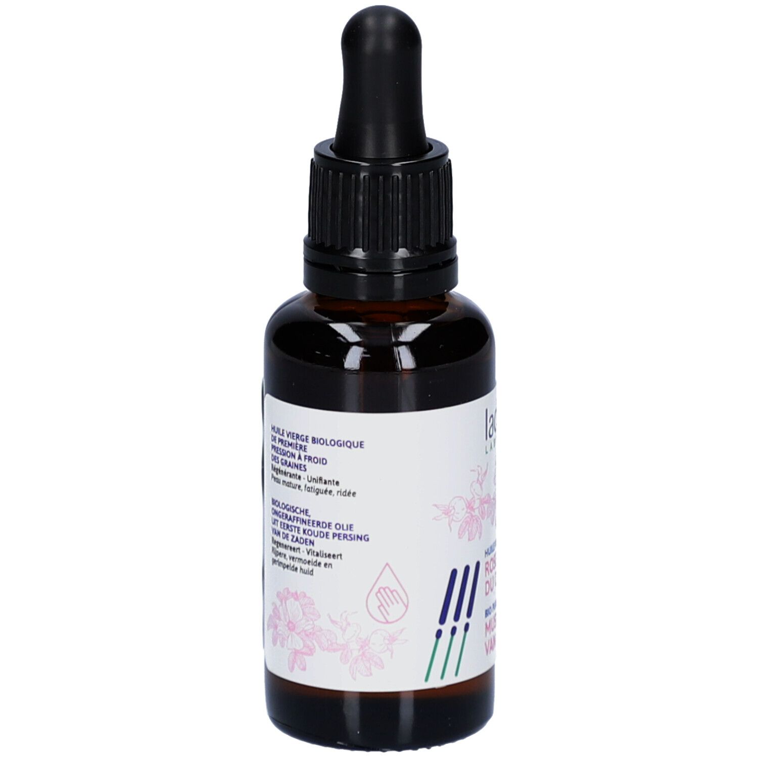 Flacon en verre brun avec bouchon noir et pipette. Étiquette avec texte et logo.