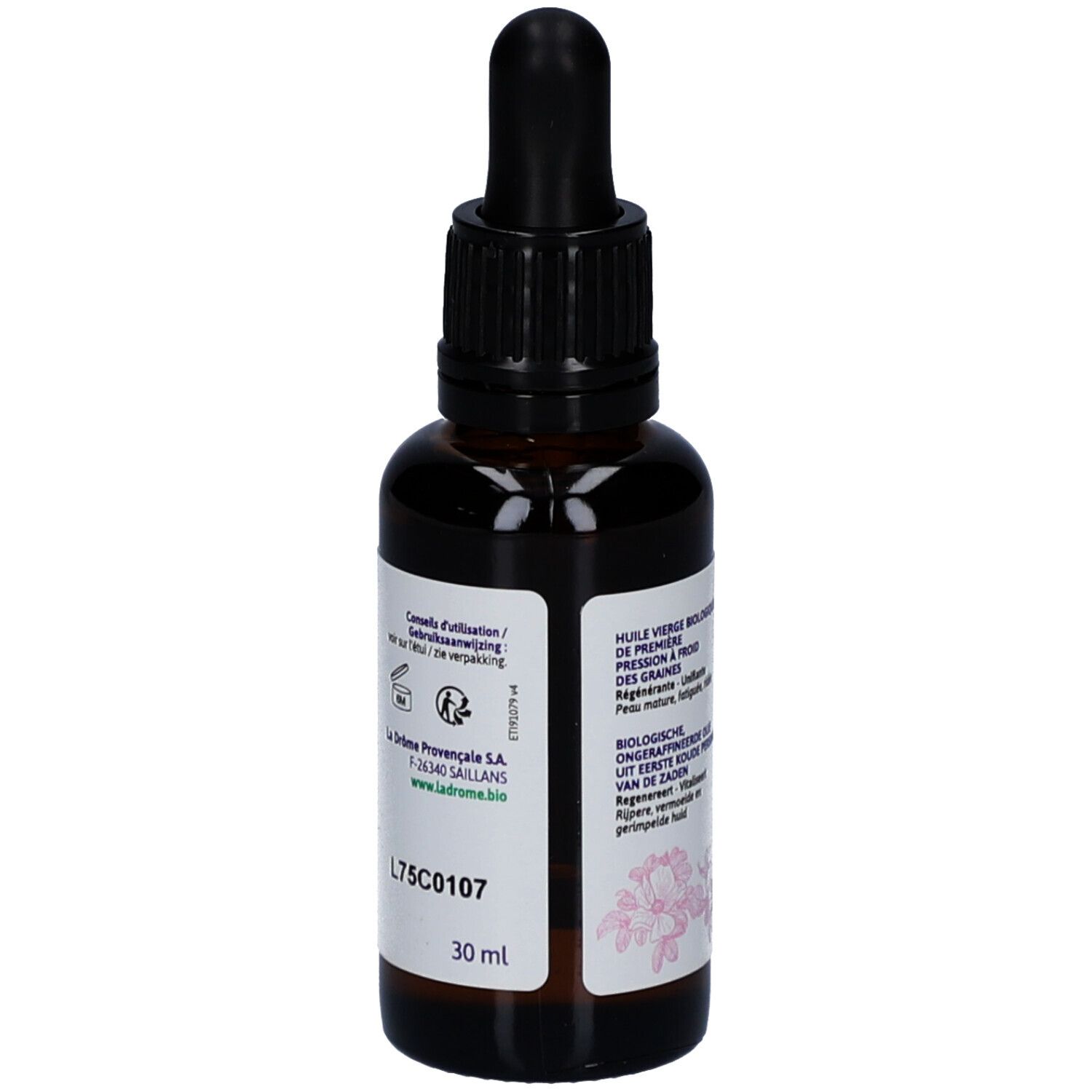 Flacon en verre brun avec bouchon noir et pipette. Étiquette avec texte et logo.