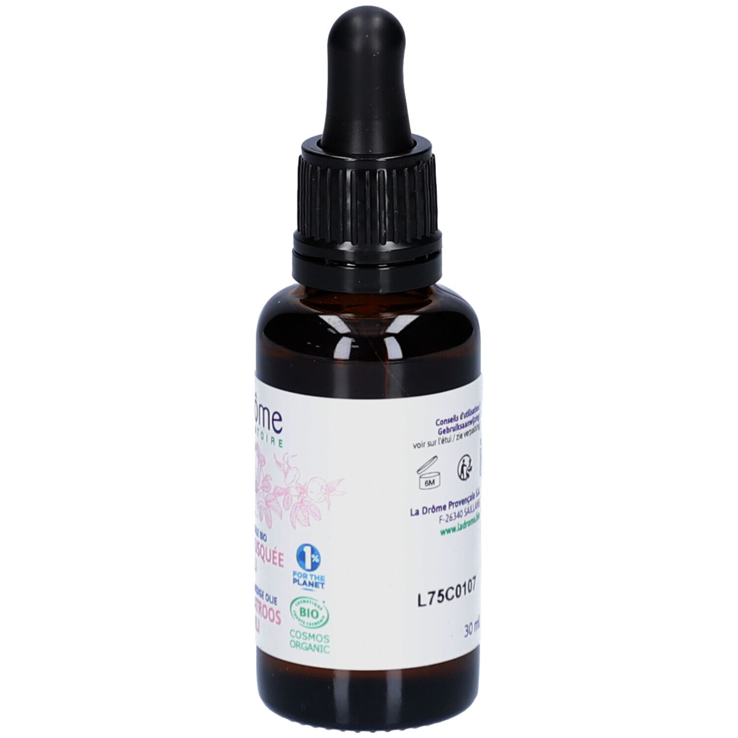 Flacon en verre brun avec bouchon noir et pipette. Étiquette avec texte et logo.