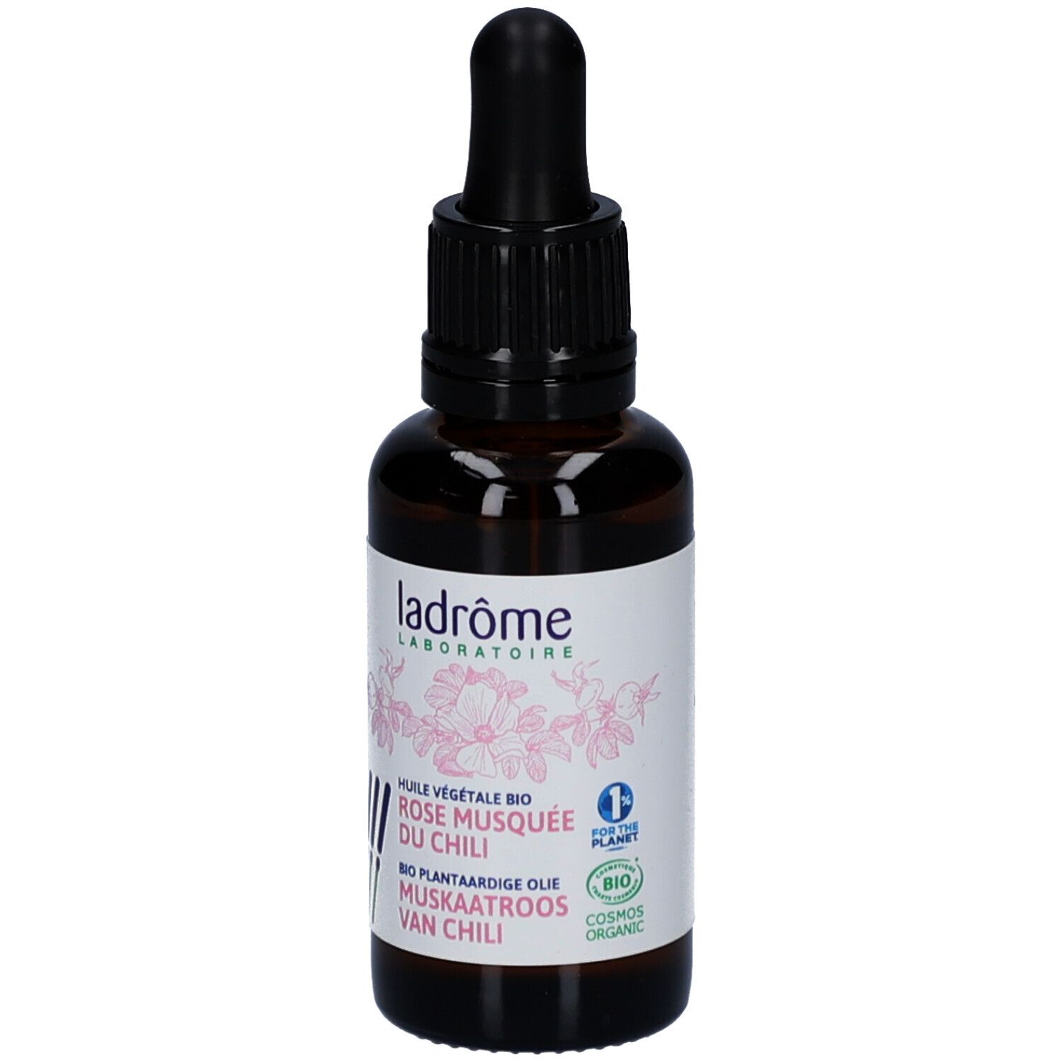 Flacon en verre brun avec bouchon noir et pipette. Étiquette avec texte et logo.