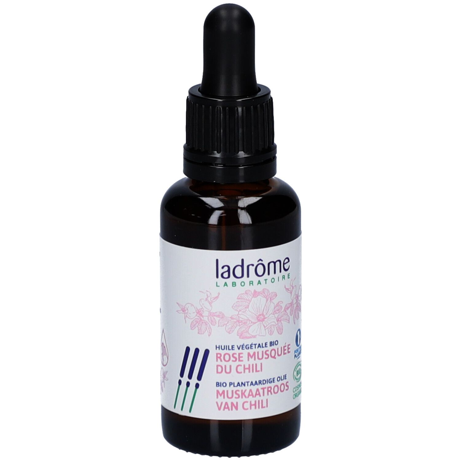 Flacon en verre brun avec bouchon noir et pipette. Étiquette avec texte et logo.