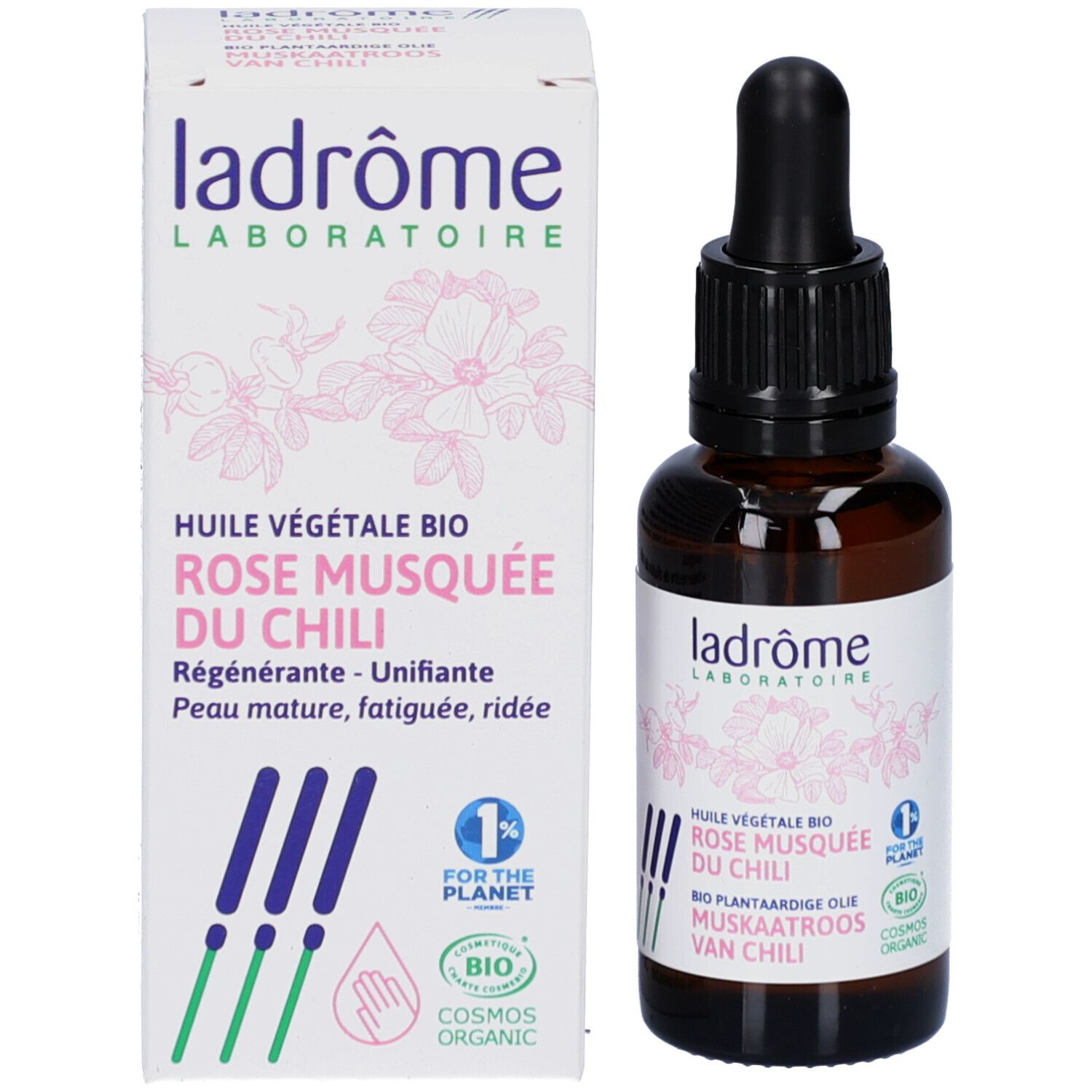 Flacon et emballage. Flacon brun avec bouchon noir et pipette. Emballage blanc.