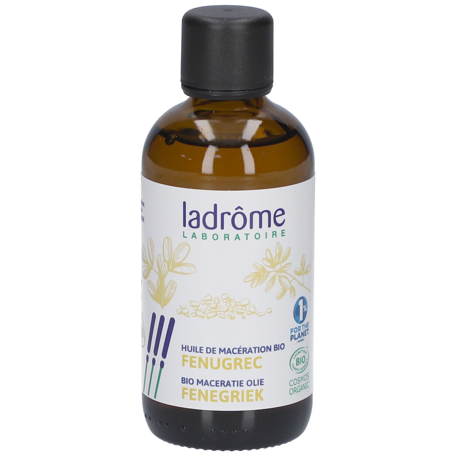 Flacon en verre brun avec bouchon noir. Étiquette Ladrôme, texte et logo. Certification bio.