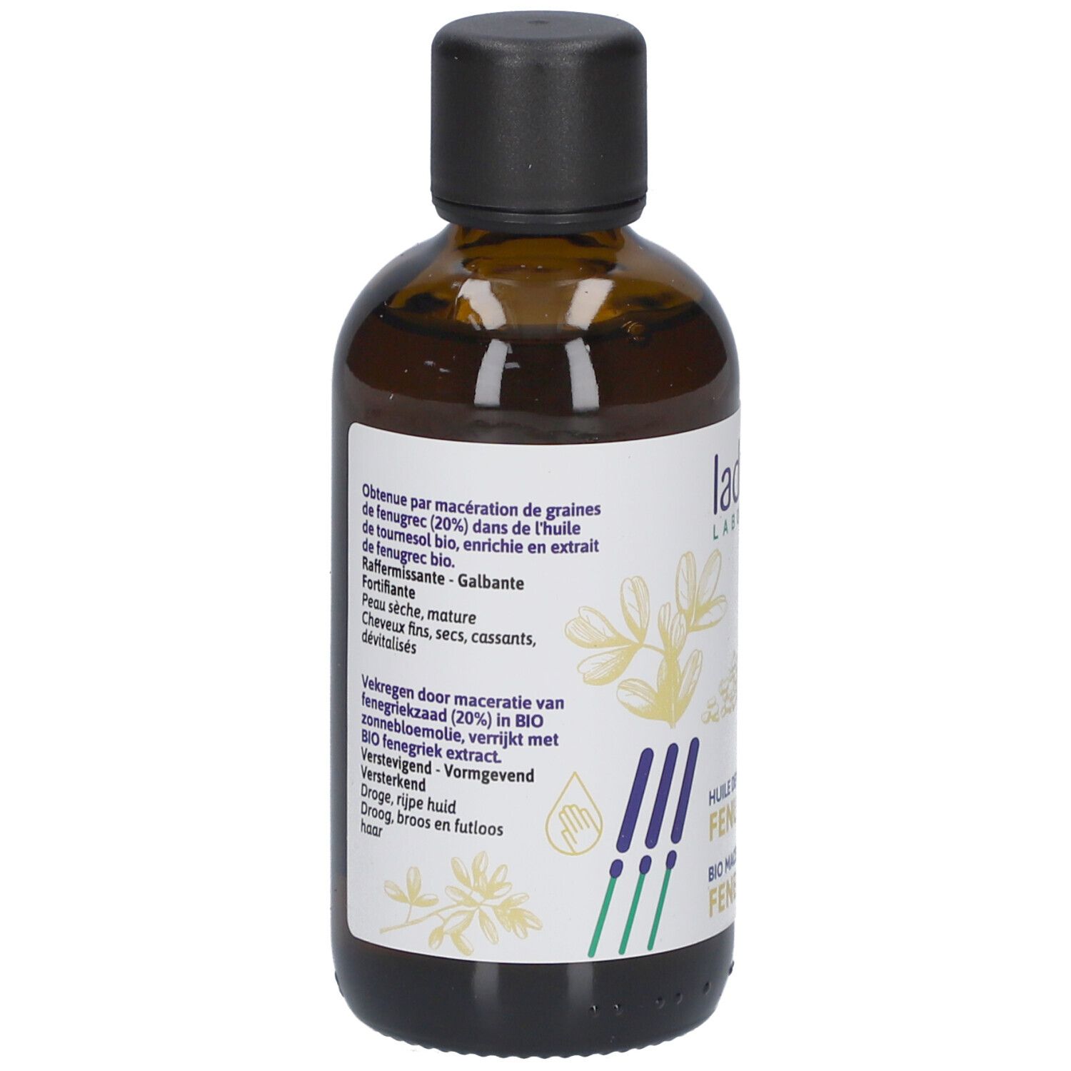 Dos d'un flacon en verre brun avec bouchon noir. Étiquette avec texte multilingue. Certification bio.