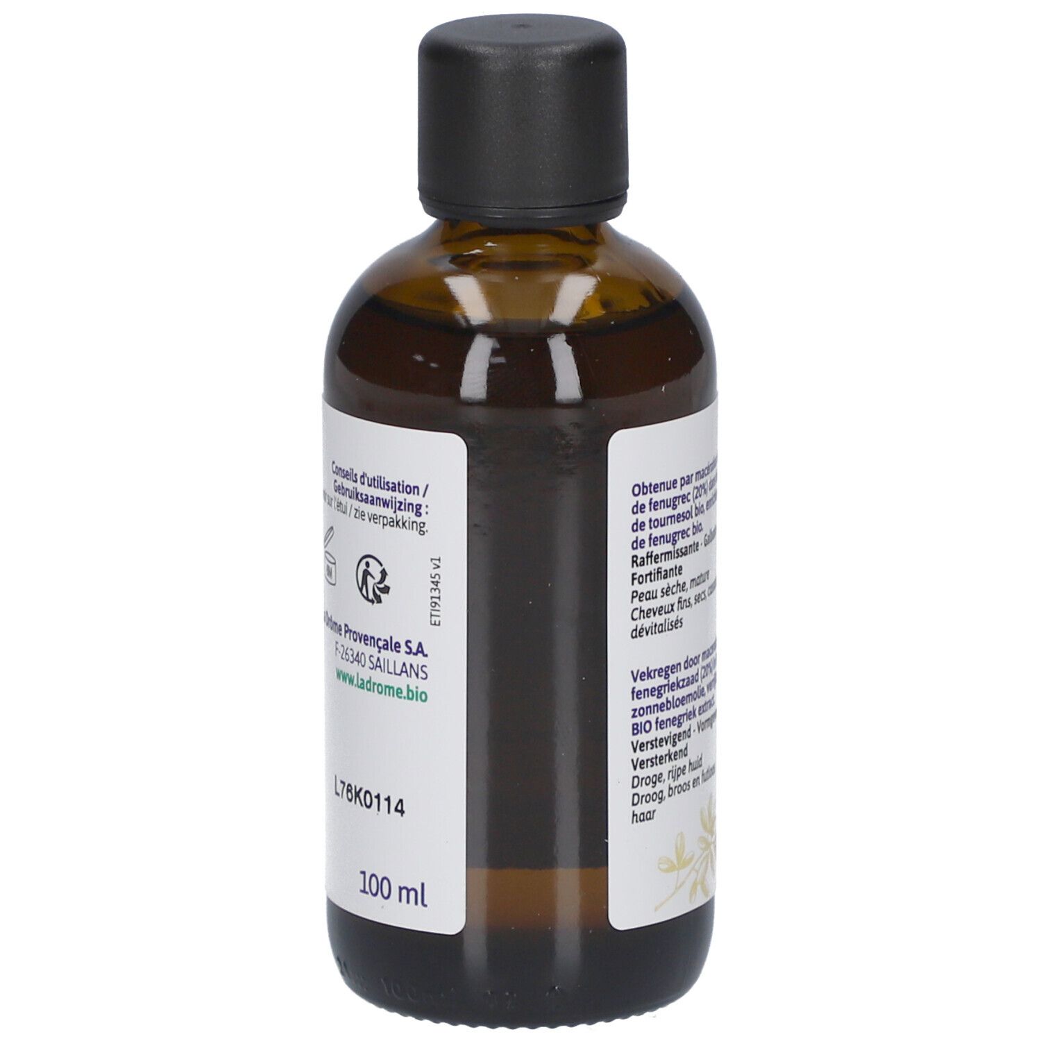 Flacon en verre brun avec bouchon noir. Étiquette avec texte et logo. Volume : 100 ml. Certification bio.