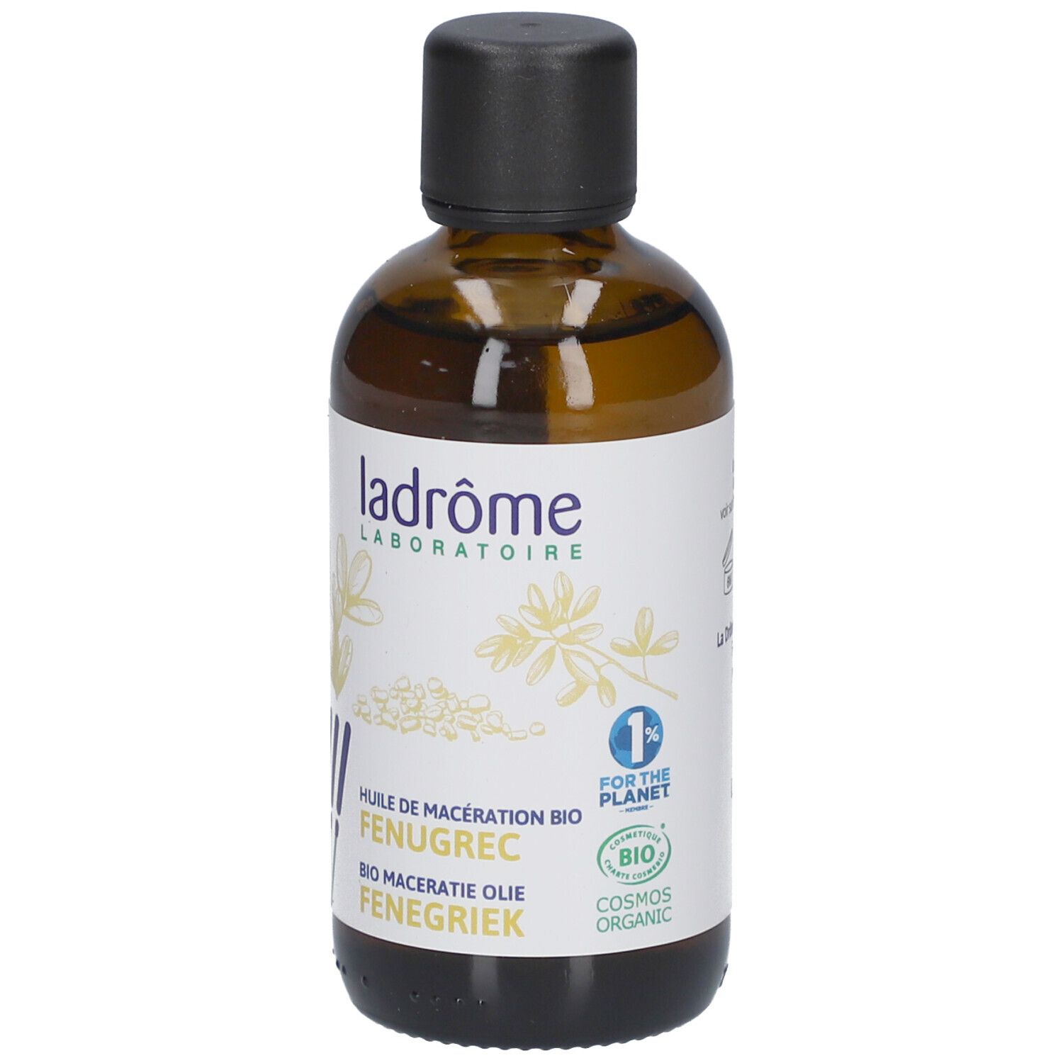 Flacon en verre brun avec bouchon noir. Étiquette Ladrôme, texte et logo. Certification bio.