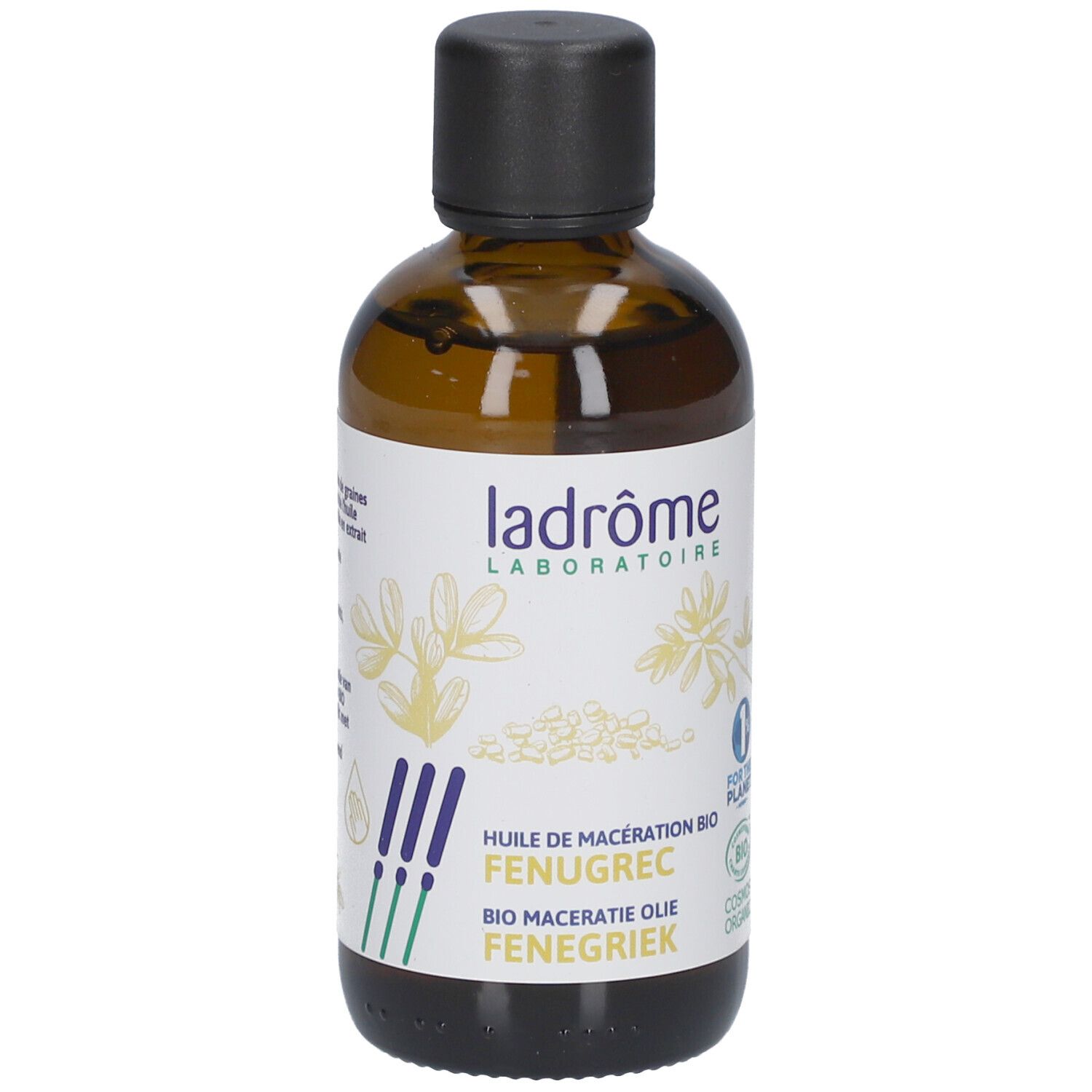 Flacon en verre brun avec bouchon noir. Étiquette Ladrôme, texte et logo. Certification bio.