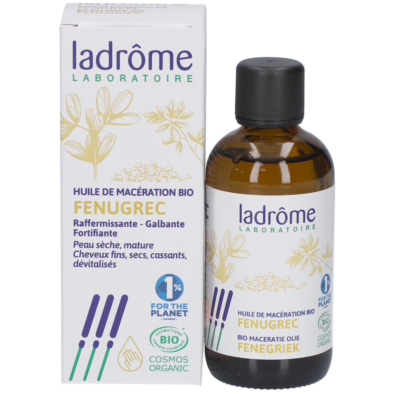 Emballage produit avec flacon et boîte. Flacon : verre brun, bouchon noir. Boîte : blanche, texte, logo.