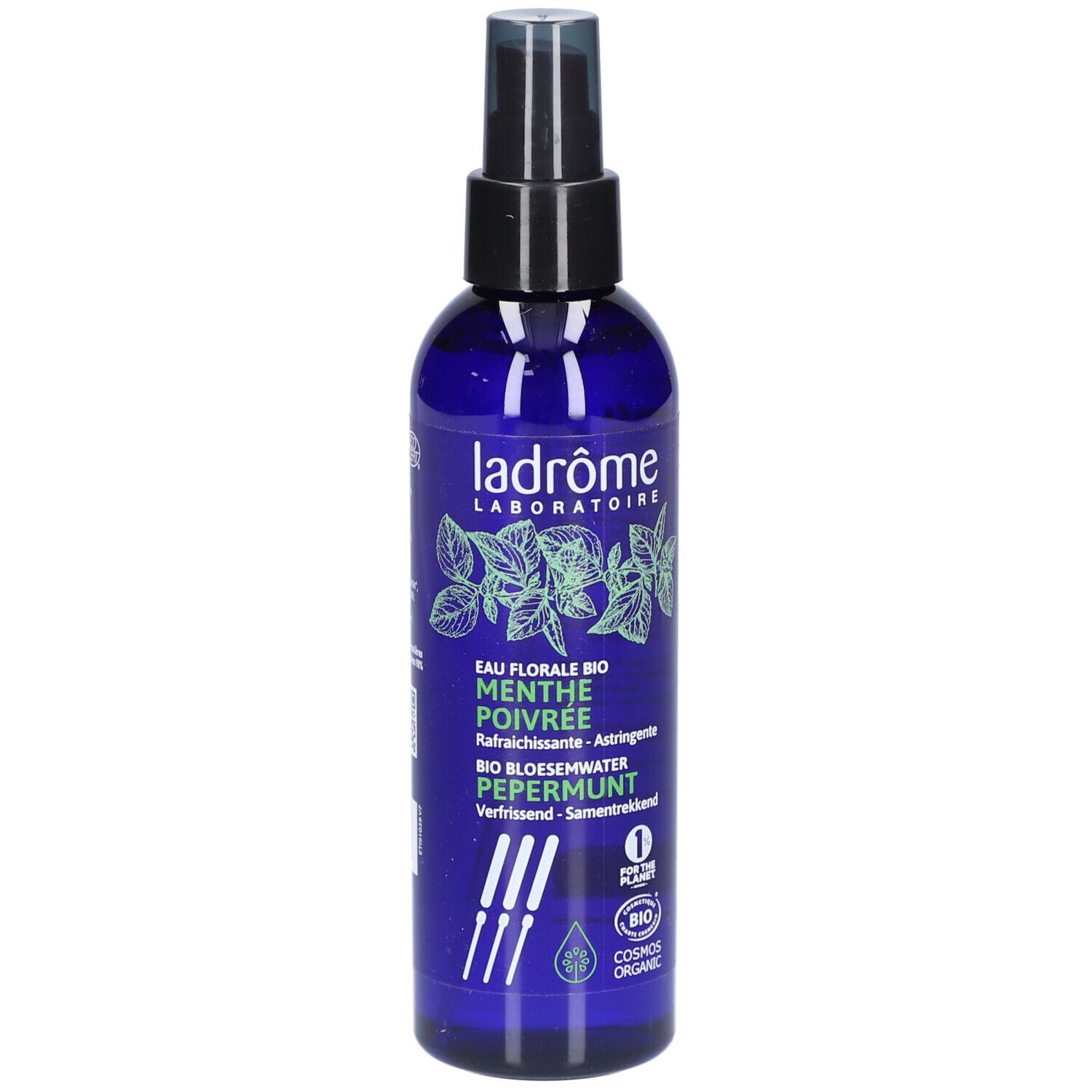 Blaue Flasche mit Sprühkopf. Aufschrift: Ladrôme, Menthe Poivrée, Bio. Mit Bio-Siegel.