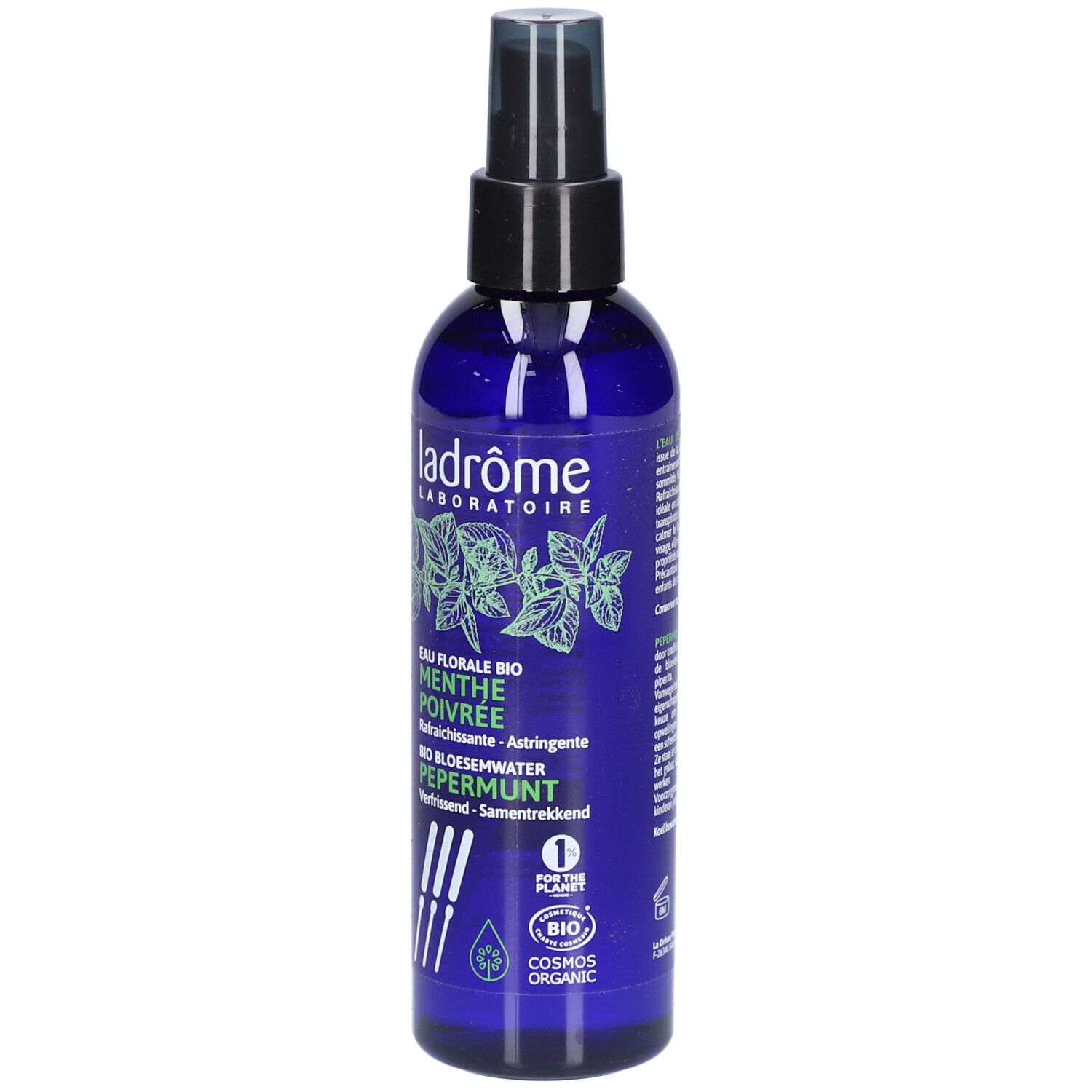 Blaue Flasche mit Sprühkopf. Aufschrift: Ladrôme, Menthe Poivrée, Bio. Mit Bio-Siegel.