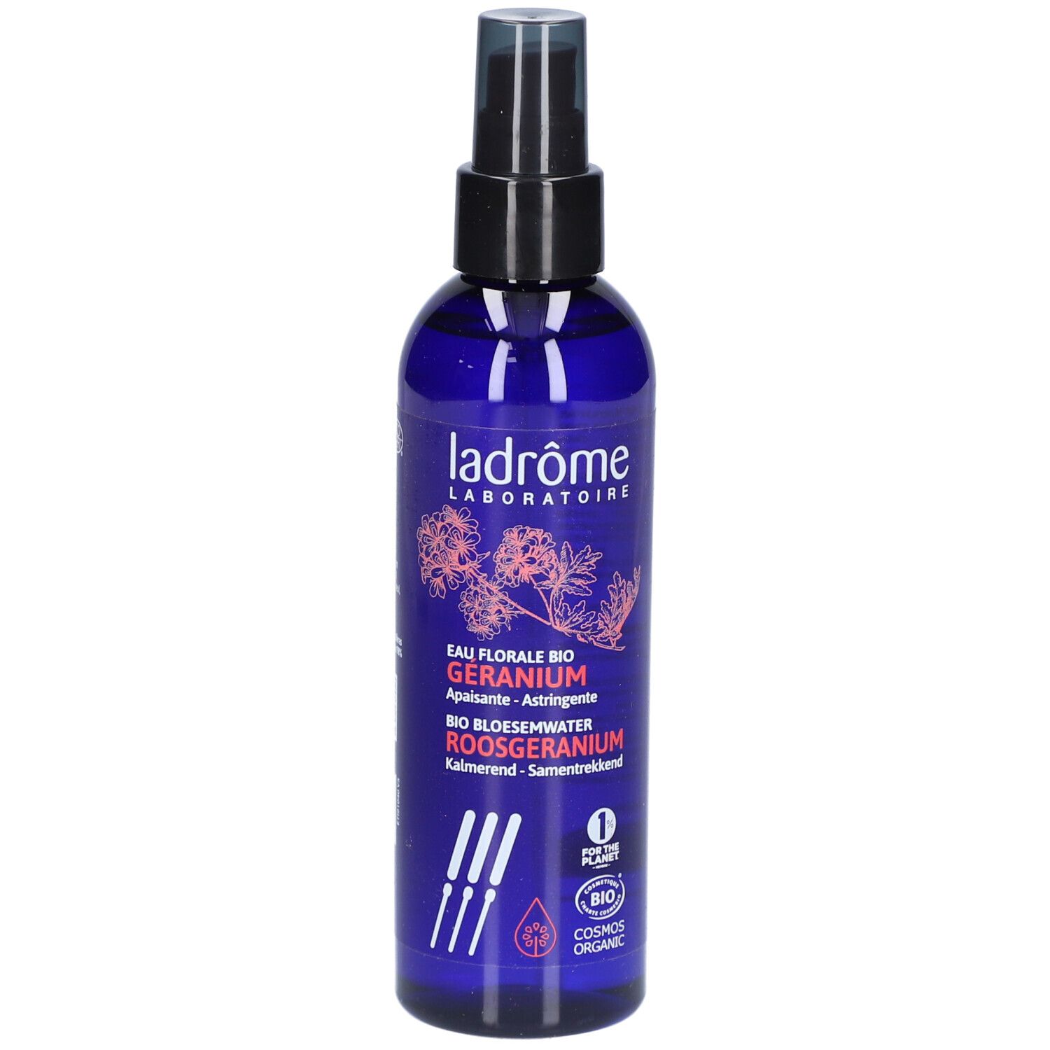 Flacon bleu avec vaporisateur. Inscriptions: Ladrôme Laboratoire, Eau Florale Bio Geranium, Bio Bloesemwater Roosgeranium.