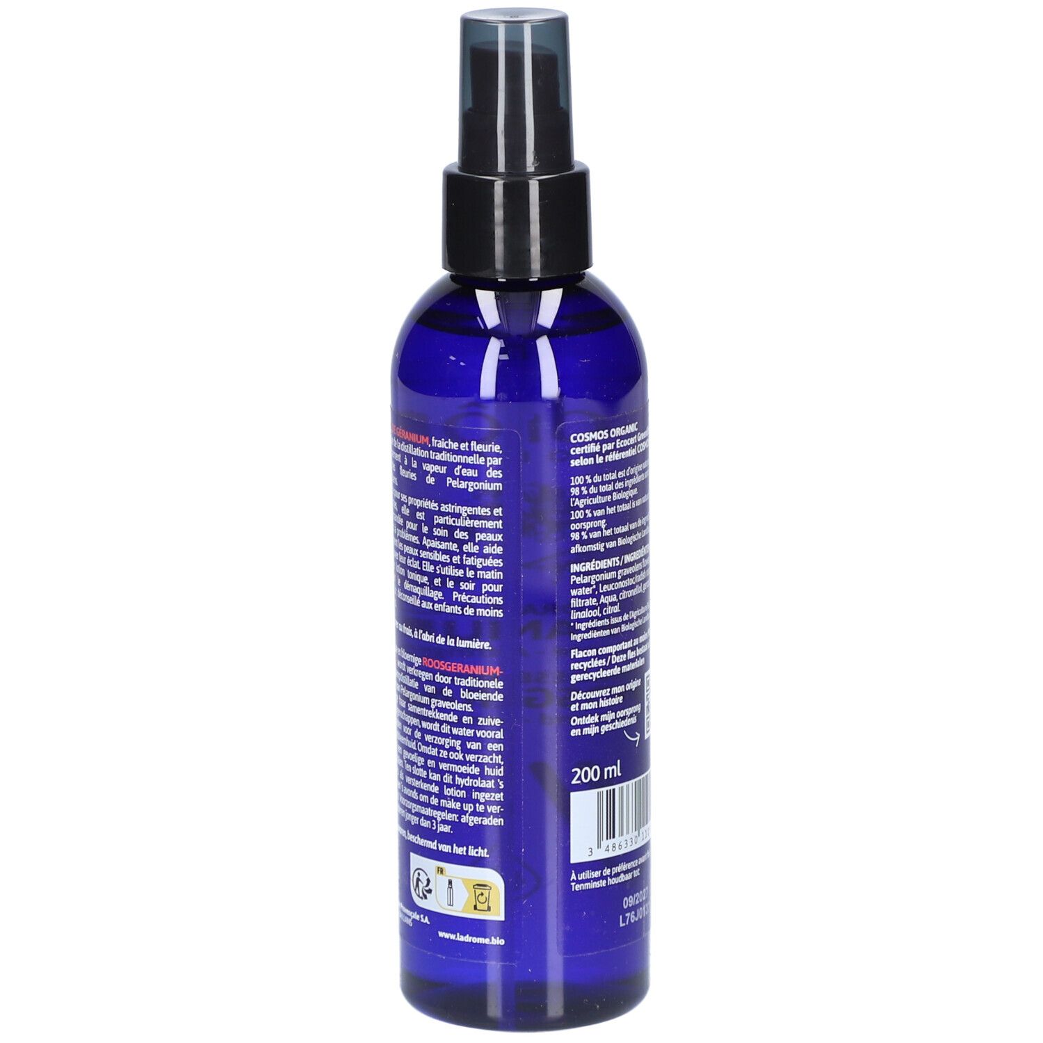 Dos du flacon bleu avec texte. Inscriptions: Cosmos Organic, ingrédients, mode d'emploi, 200 ml.