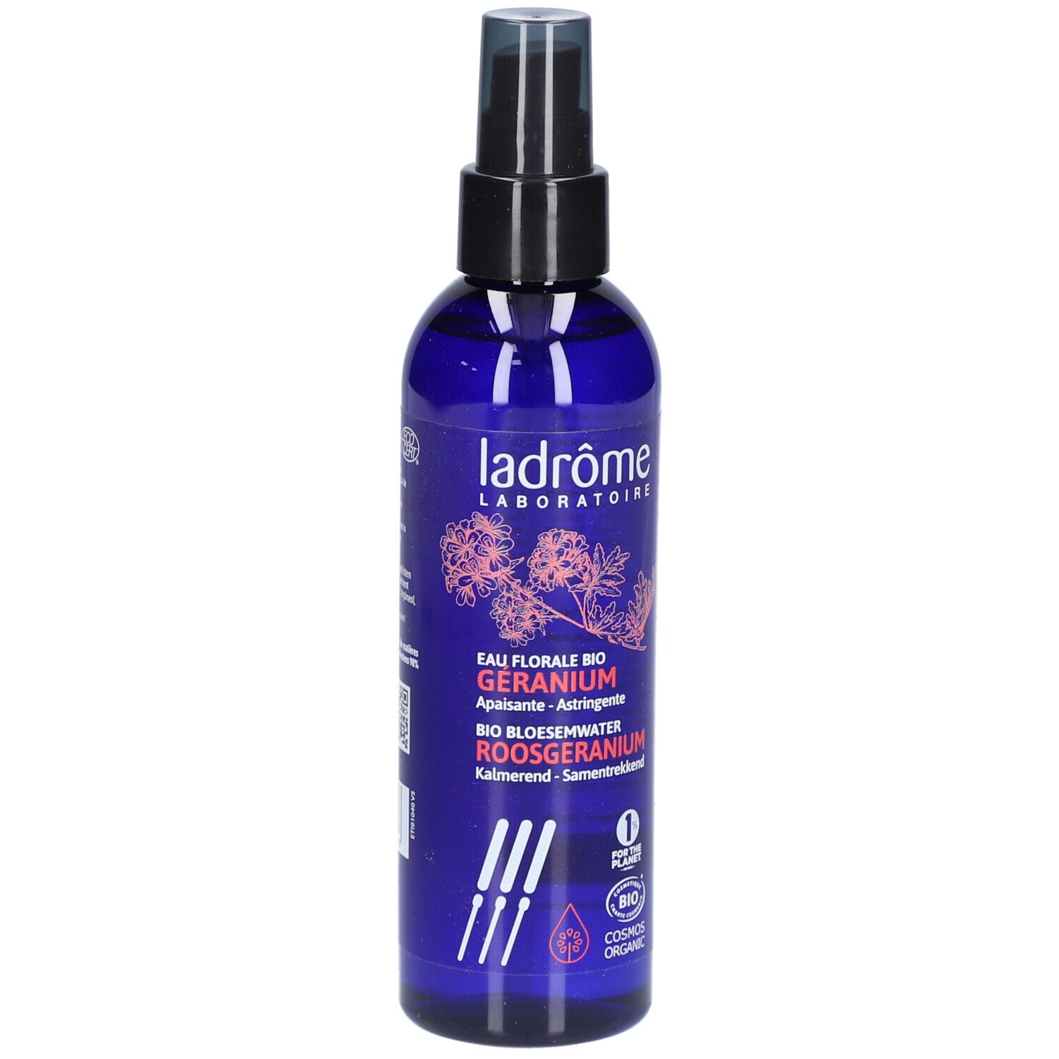 Flacon bleu avec vaporisateur. Inscriptions: Ladrôme Laboratoire, Eau Florale Bio Geranium, Bio Bloesemwater Roosgeranium.