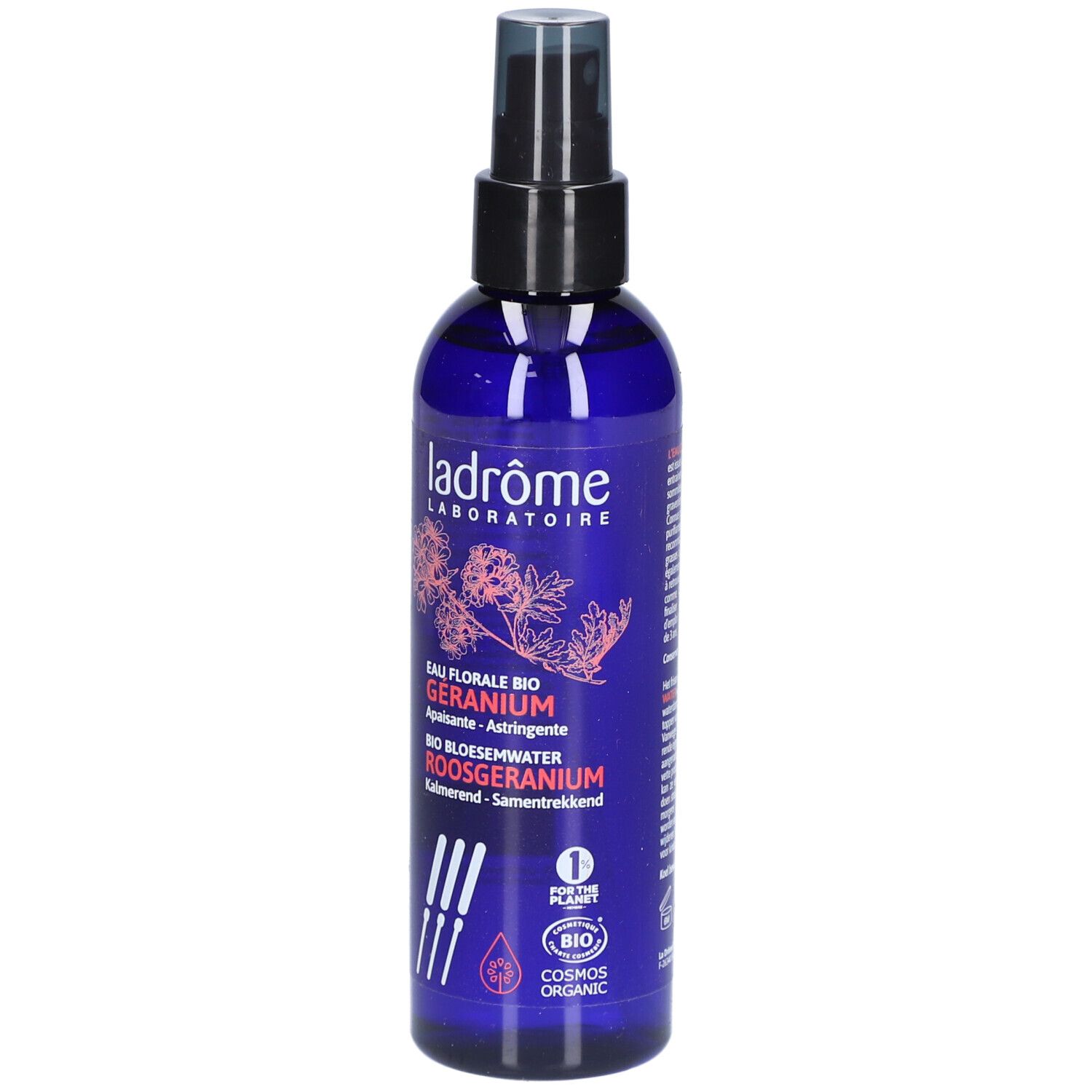 Flacon bleu avec vaporisateur. Inscriptions: Ladrôme Laboratoire, Eau Florale Bio Geranium, Bio Bloesemwater Roosgeranium.