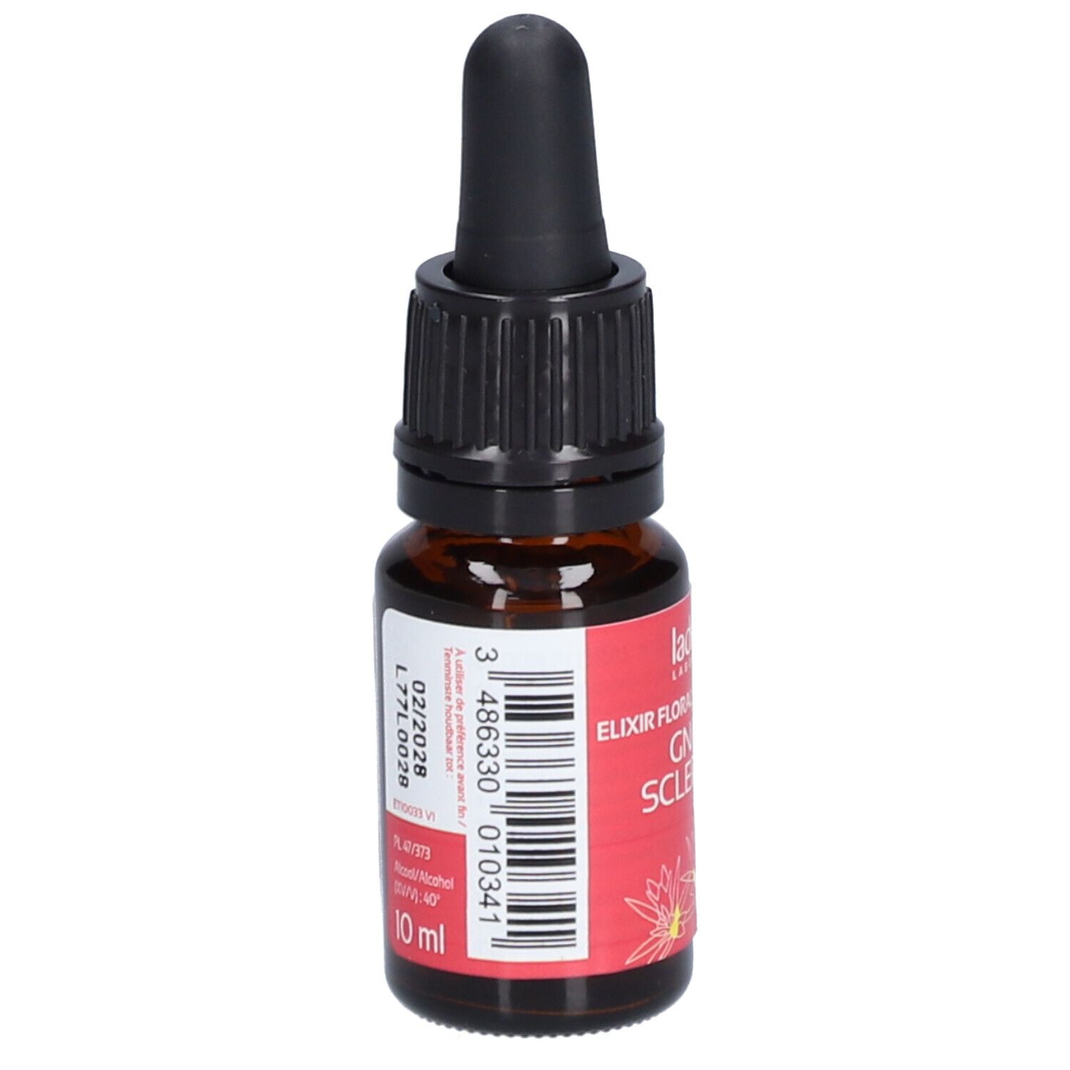 Braune Glasflasche mit schwarzem Tropfer. Rotes Etikett mit weißer Schrift: Gnavelle Scleranthus, 28 Bach. Marke: Ladrôme. Barcode und 10 ml.