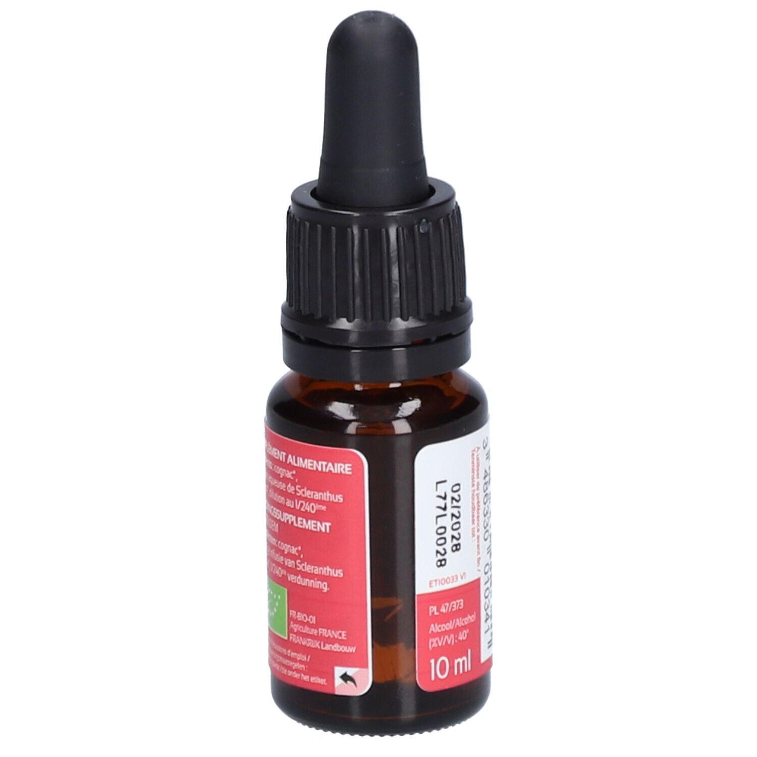 Braune Glasflasche mit schwarzem Tropfer. Rotes Etikett mit weißer Schrift: Gnavelle Scleranthus, 28 Bach. Marke: Ladrôme. 10 ml, Bio-Siegel.