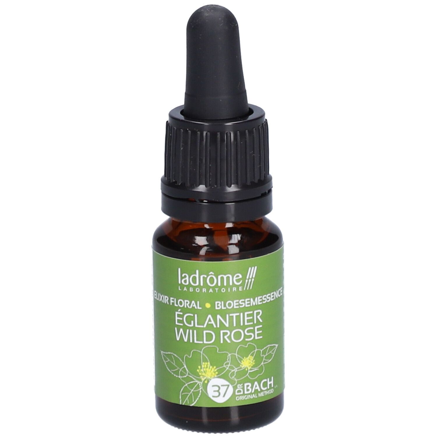 Braunglasflasche mit schwarzem Tropfer. Etikett mit Produktnamen, Wildrose und Logo.