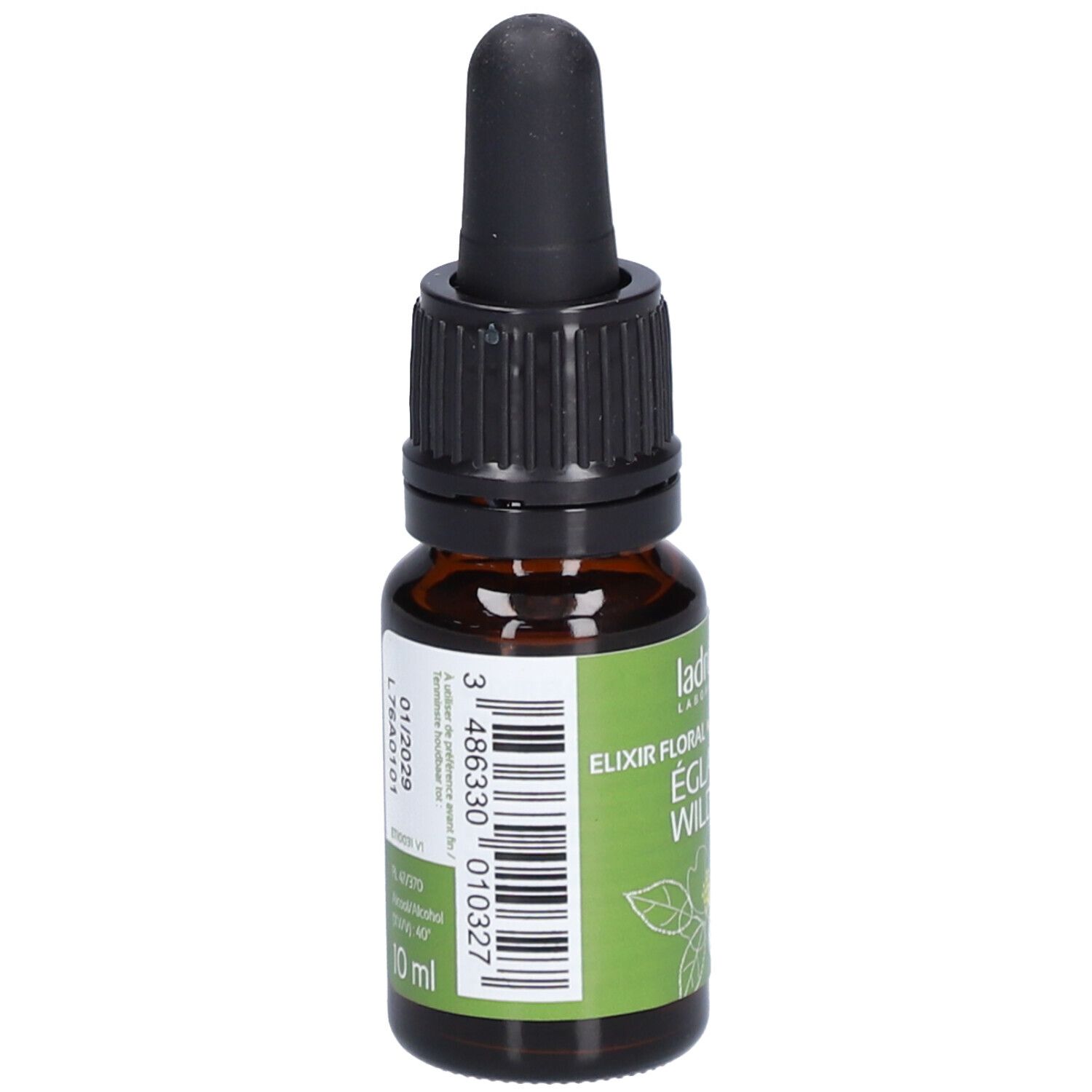 Braunglasflasche mit schwarzem Tropfer. Etikett mit Produktnamen, Wildrose und Logo.