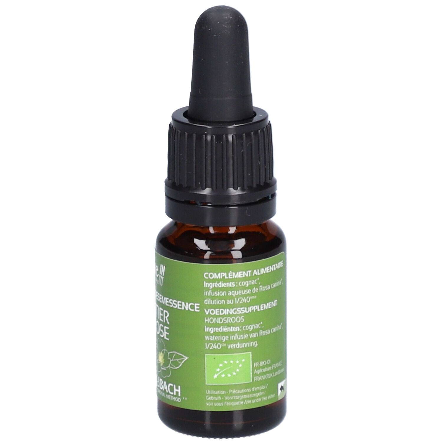 Braunglasflasche mit schwarzem Tropfer. Etikett mit Produktnamen, Wildrose und Logo.