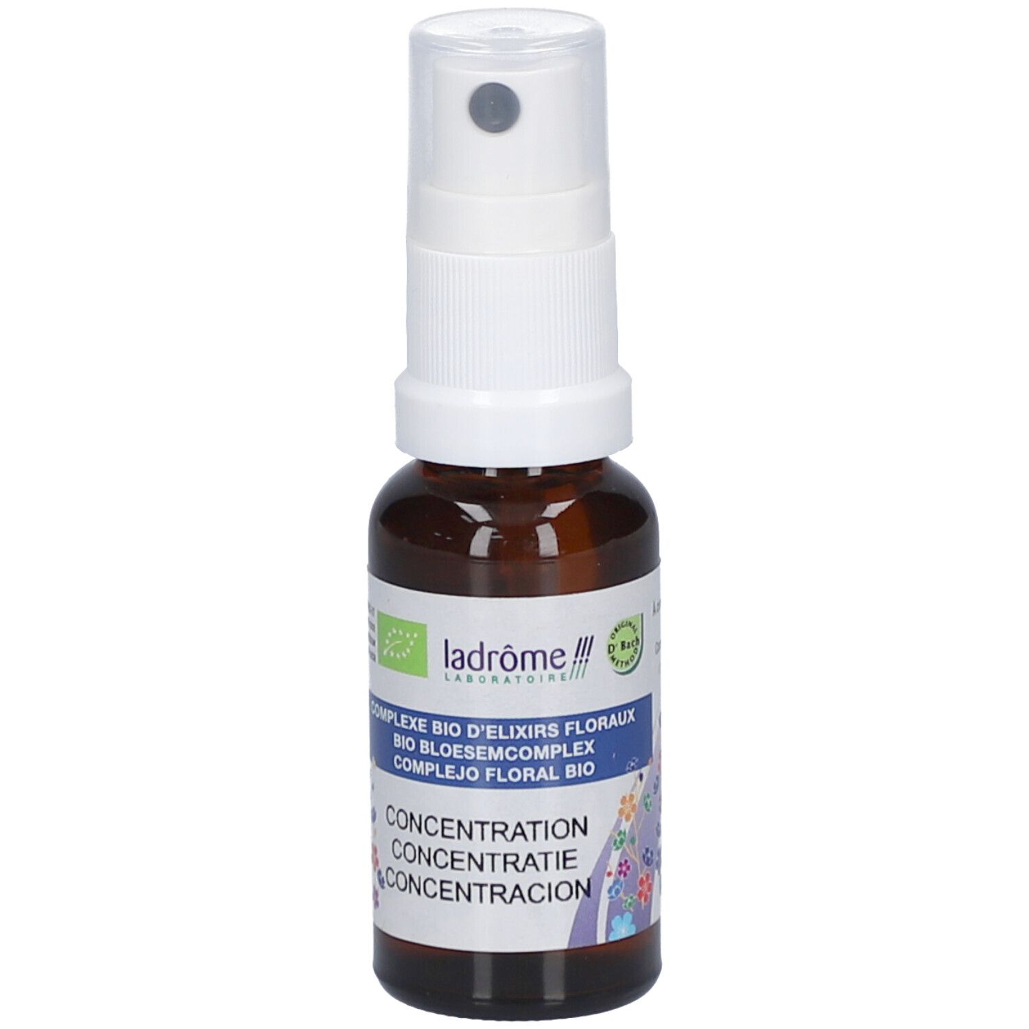 Braune Glasflasche mit weißem Sprühkopf. Etikett mit Text und Logo. Bio-Zertifizierung. Produktname: Concentration.