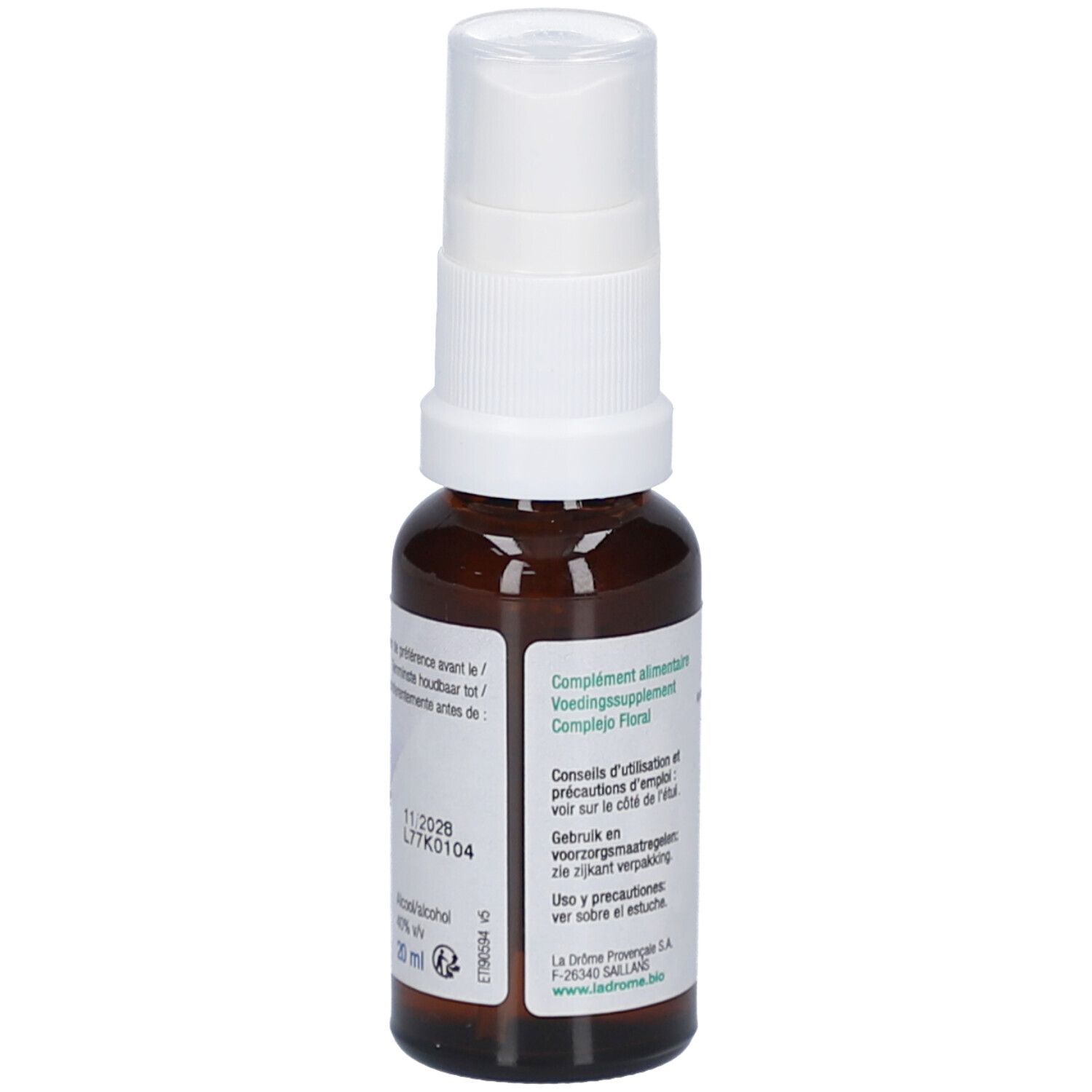 Braune Glasflasche mit weißem Sprühkopf. Etikett mit Text und Logo. Bio-Zertifizierung. Produktname: Concentration.