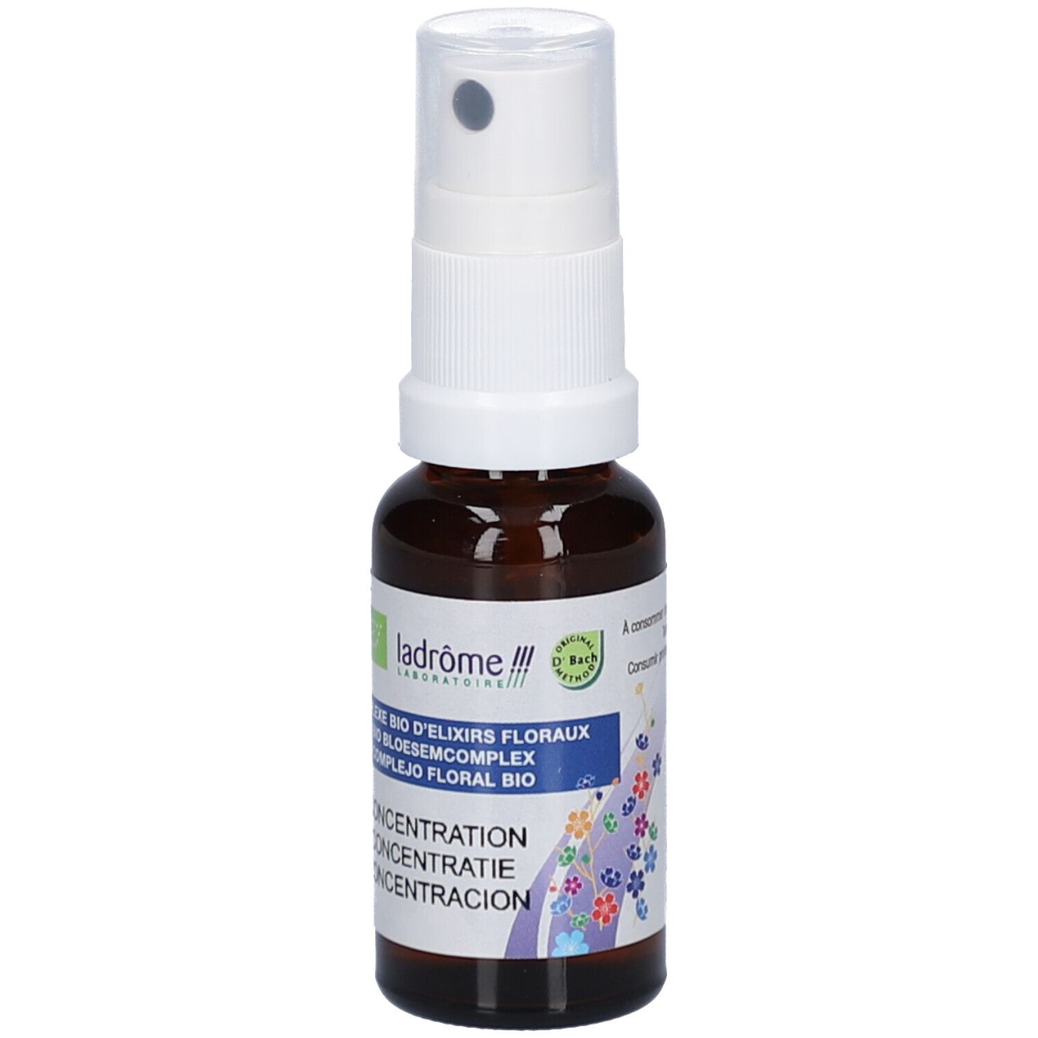 Braune Glasflasche mit weißem Sprühkopf. Etikett mit Text und Logo. Bio-Zertifizierung. Produktname: Concentration.