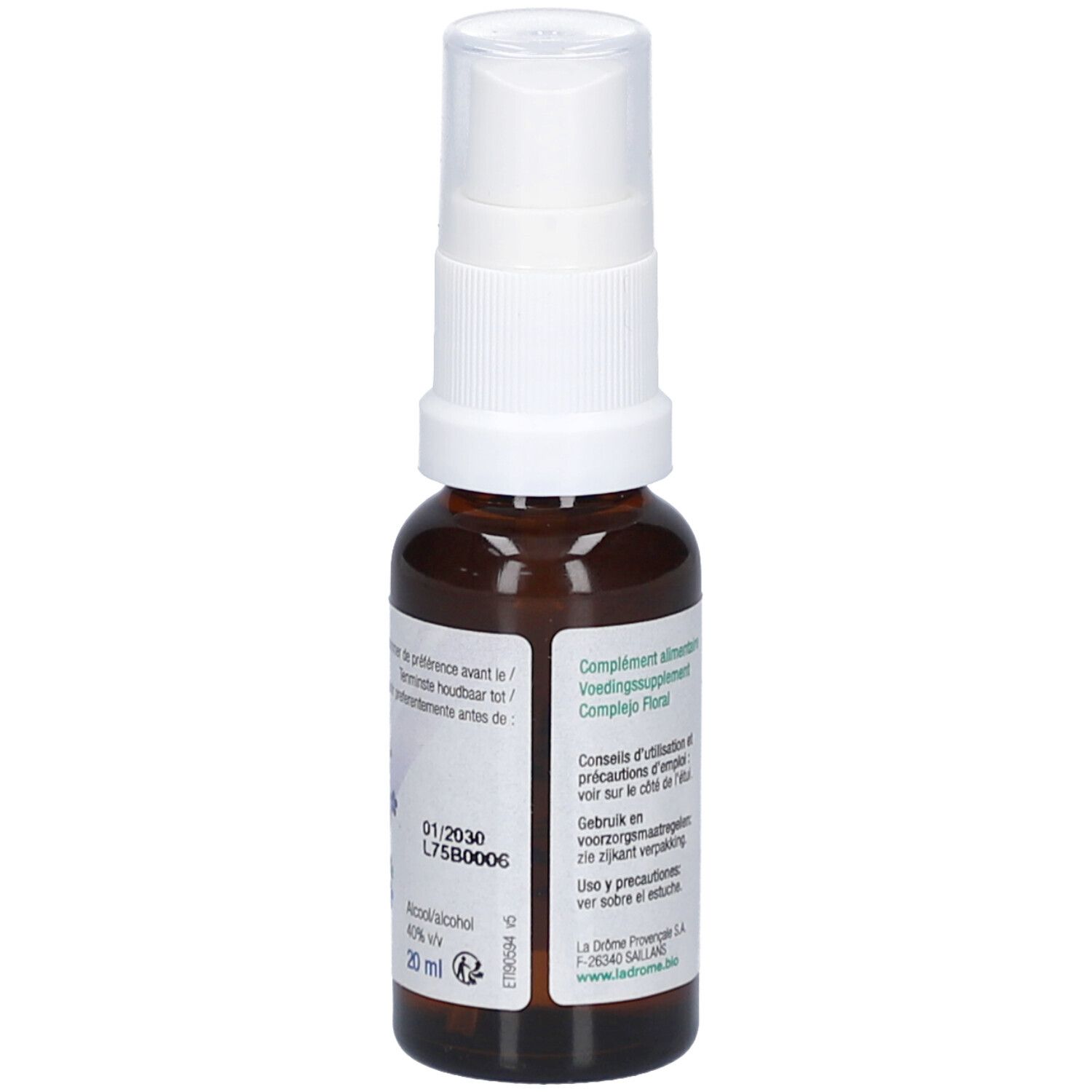 Braune Glasflasche mit weißem Sprühkopf. Aufschrift: Complexe Bio d'Elixirs Floraux, Sérénité, Ontspanning, Relajante. Bio-Siegel.