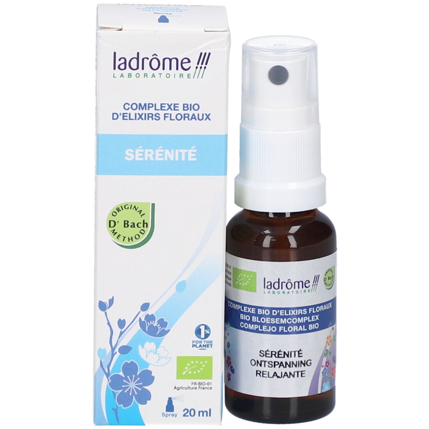 Produktflasche mit Verpackung. Aufschrift: Ladrome, Complexe Bio d'Elixirs Floraux, Sérénité. Original D'Bach Methode. Bio-Siegel.