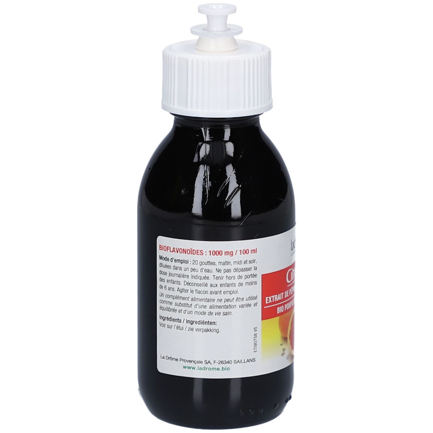 Dunkle Glasflasche mit weißem Dosierverschluss. Etikett mit Produktinformationen, darunter Bioflavonoide 1000 mg/100 ml.