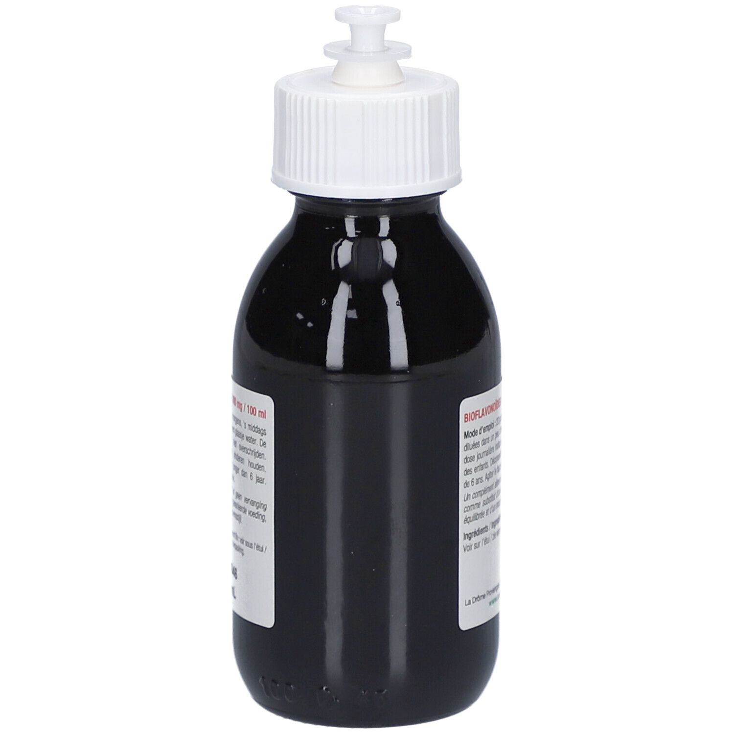 Dunkle Glasflasche mit weißem Dosierverschluss. Etikett mit Produktinformationen, Text in mehreren Sprachen.