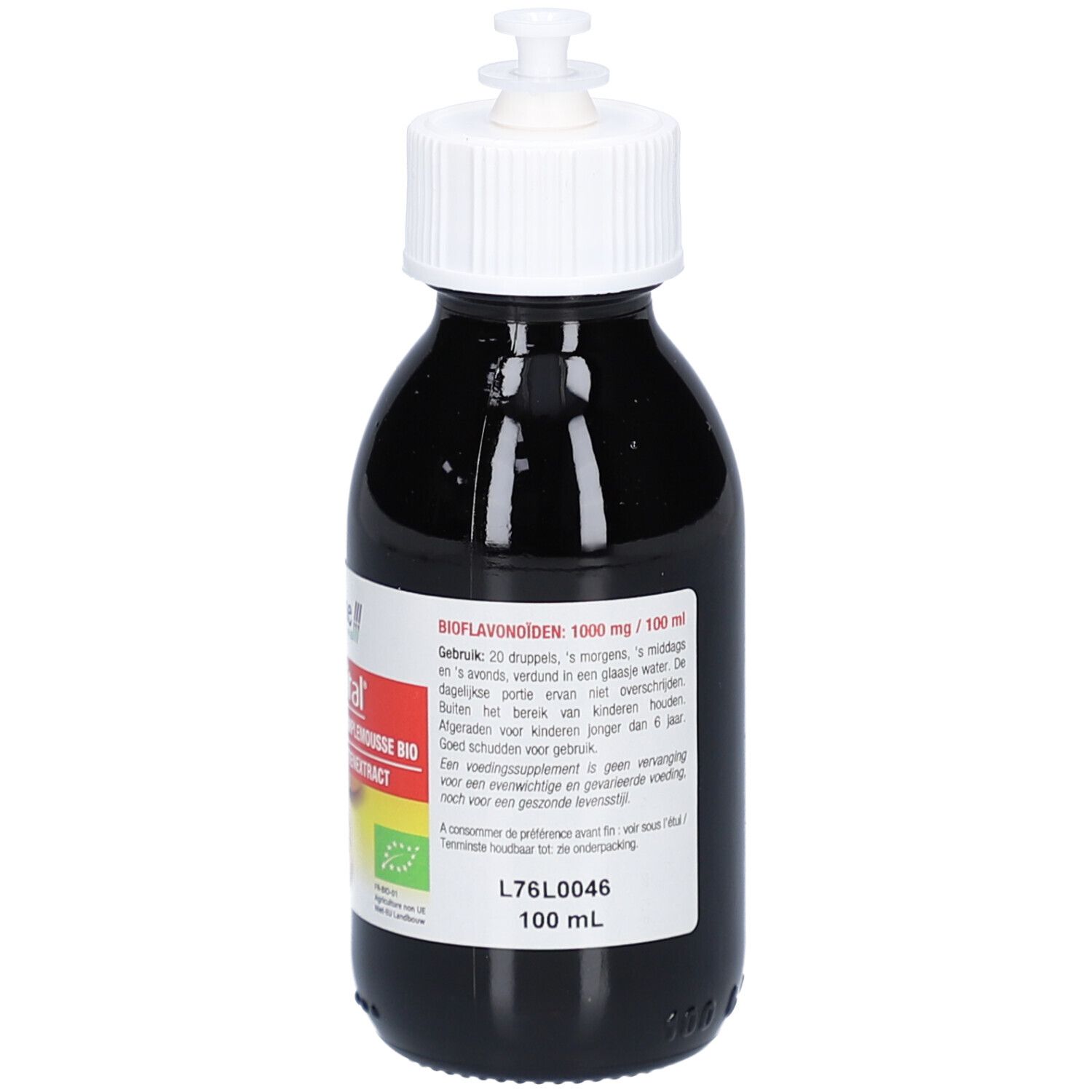 Dunkle Glasflasche mit weißem Dosierverschluss. Etikett mit Produktinformationen, Bio-Zertifizierung und Volumenangabe 100 ml.