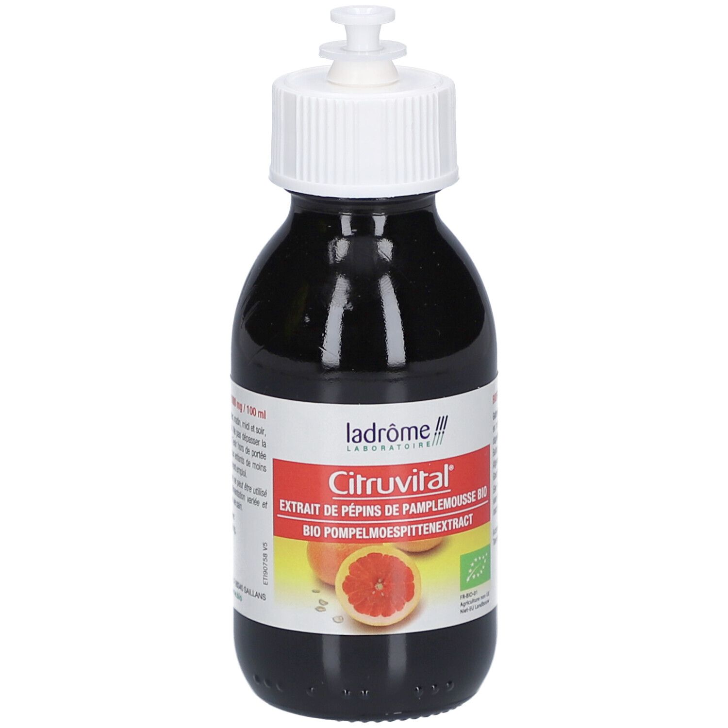 Dunkle Glasflasche mit weißem Dosierverschluss. Etikett mit Produktnamen Citruvital, Grapefruit-Abbildung und Bio-Zertifizierung.