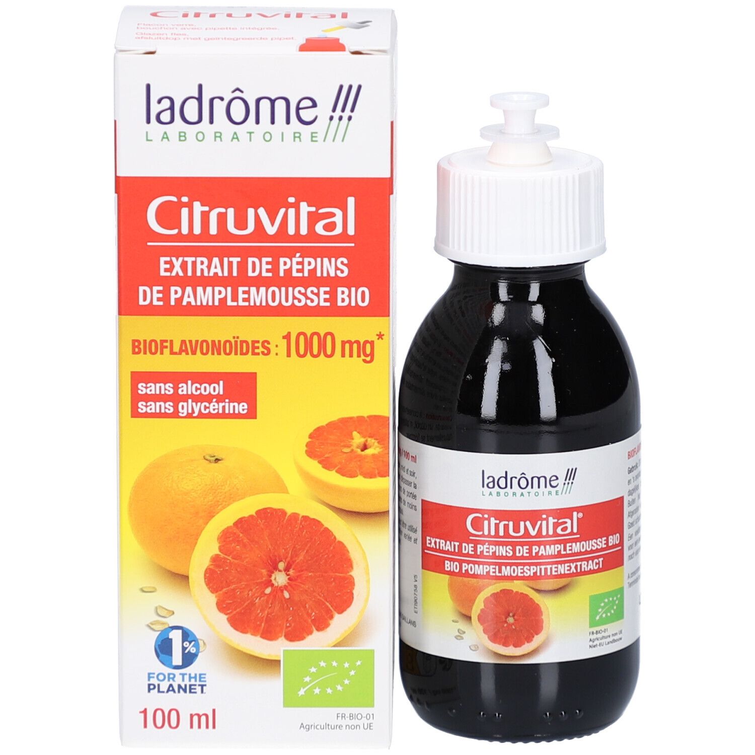 Produktverpackung und Flasche. Karton mit Produktnamen Citruvital, Grapefruit-Abbildung und Bio-Zertifizierung. Flasche daneben.