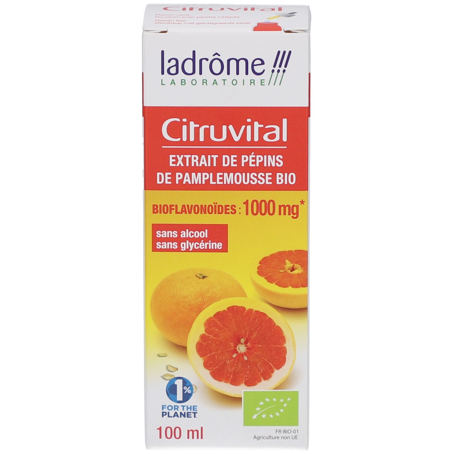 Produktverpackung. Karton mit Produktnamen Citruvital, Grapefruit-Abbildung, Bio-Zertifizierung und Volumenangabe 100 ml.