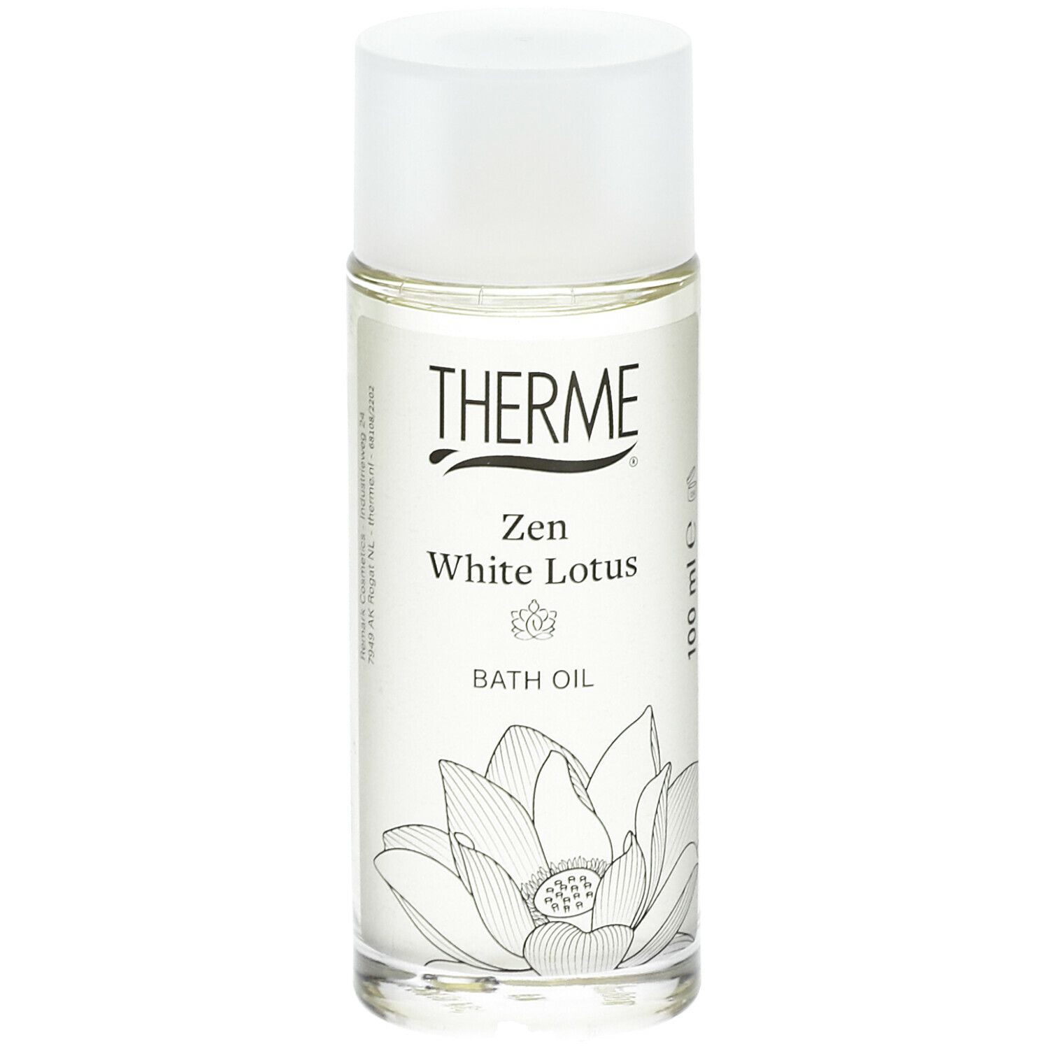 Huile de bain claire en flacon de verre avec bouchon blanc. Inscription : THERME Zen White Lotus BATH OIL.