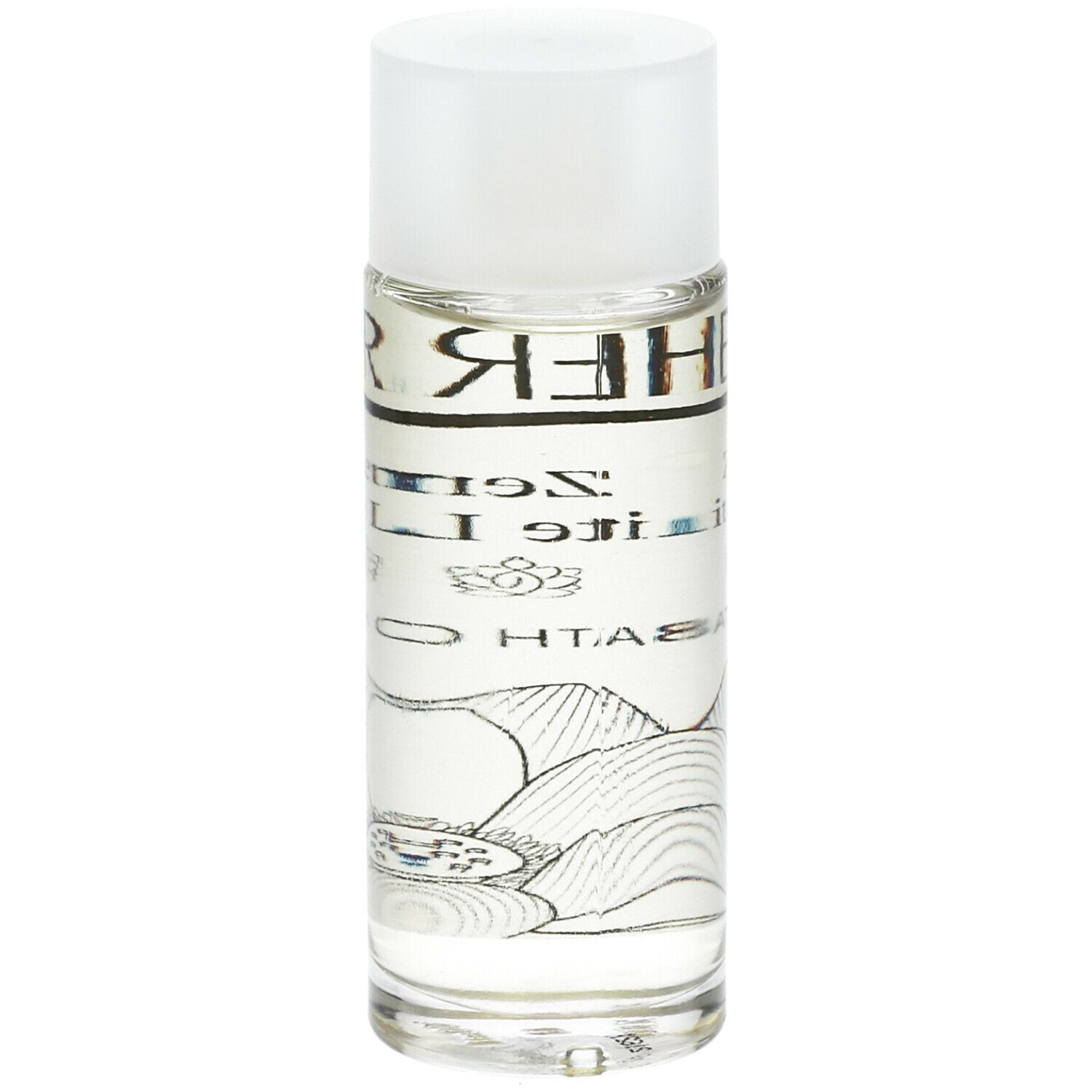 Flacon en verre avec bouchon blanc. Inscription : THERME Zen White Lotus BATH OIL. Dos avec texte et illustration de paysage.