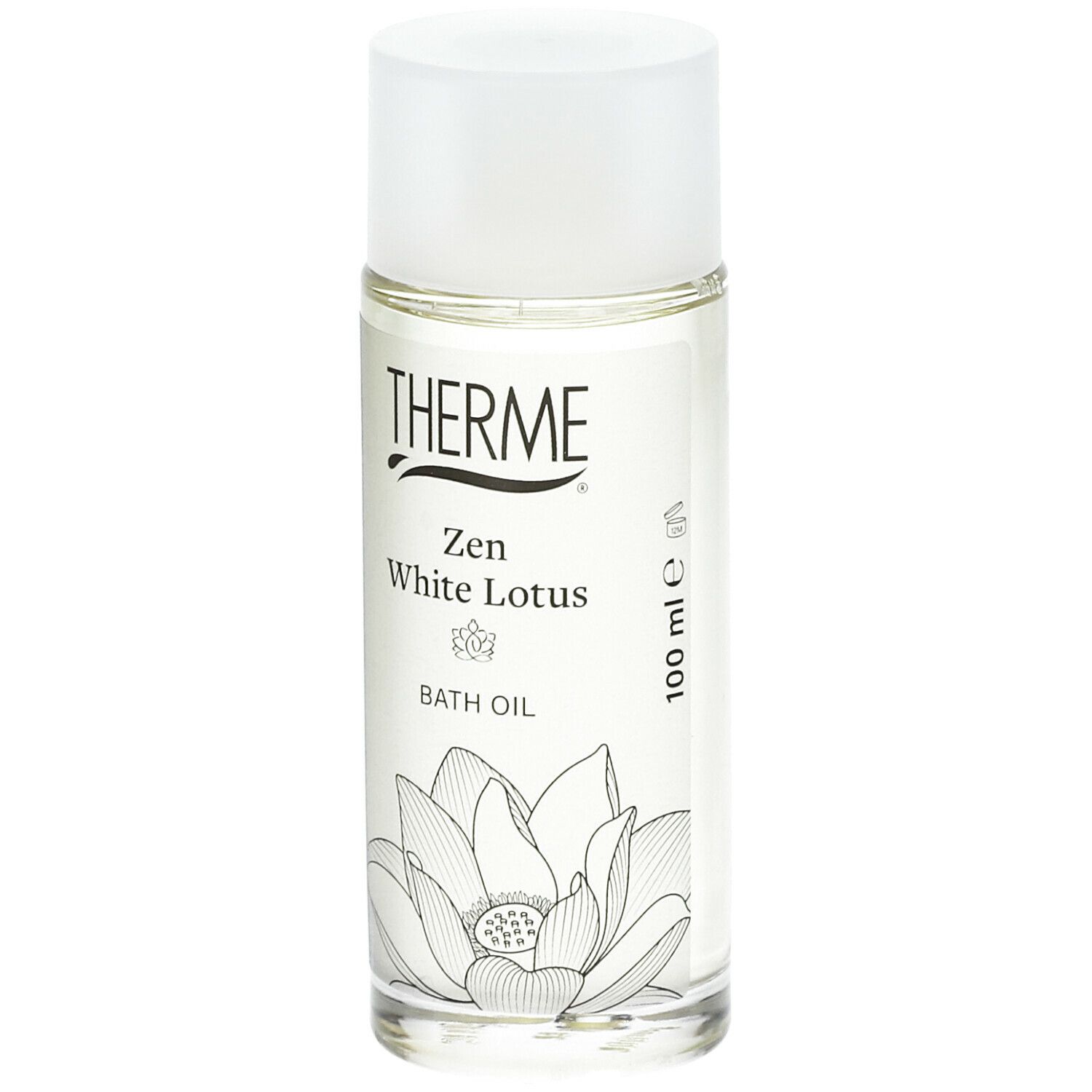 Flacon en verre avec bouchon blanc. Inscription : THERME Zen White Lotus BATH OIL. Illustration de fleur de lotus.