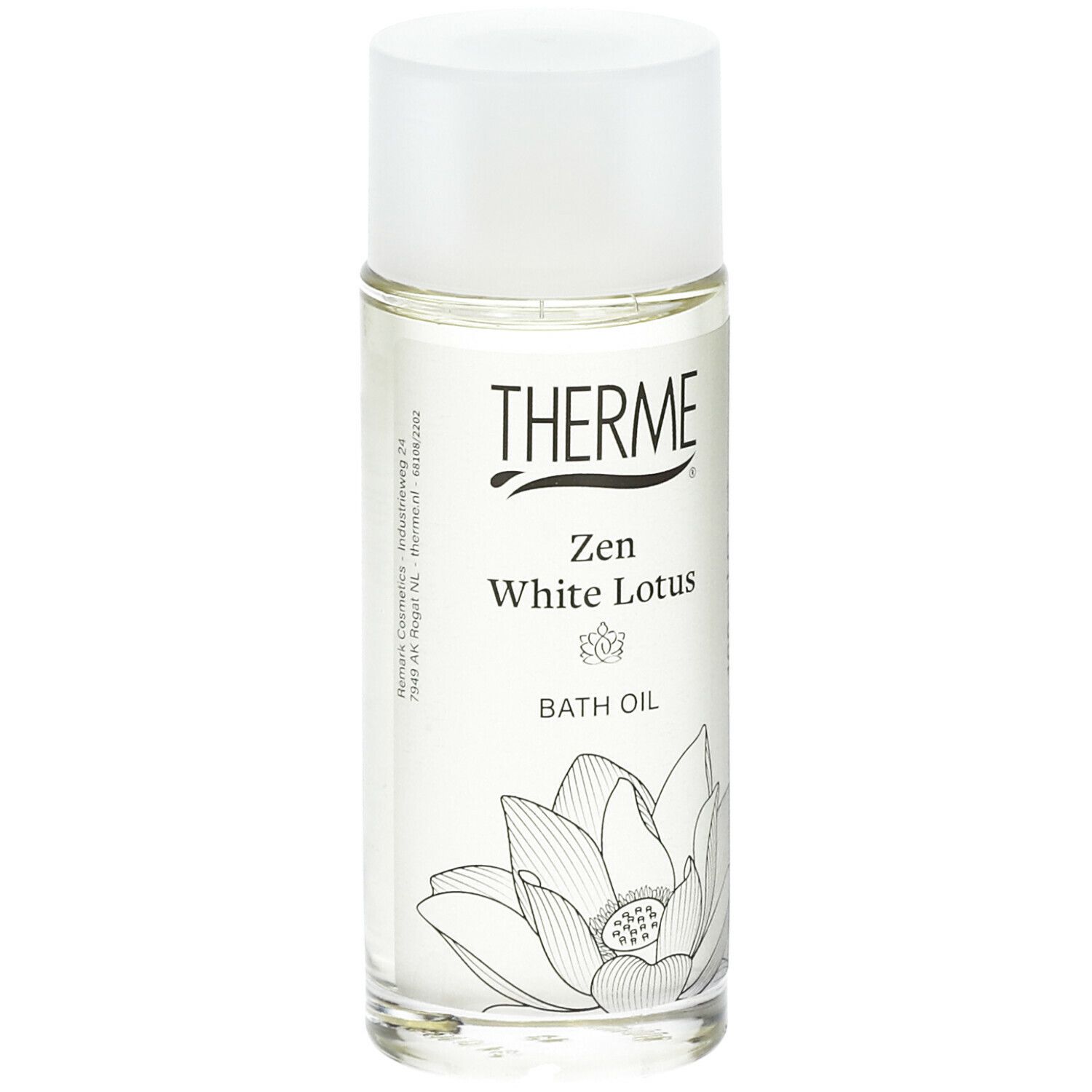 Flacon en verre avec bouchon blanc. Inscription : THERME Zen White Lotus BATH OIL. Illustration de fleur de lotus.