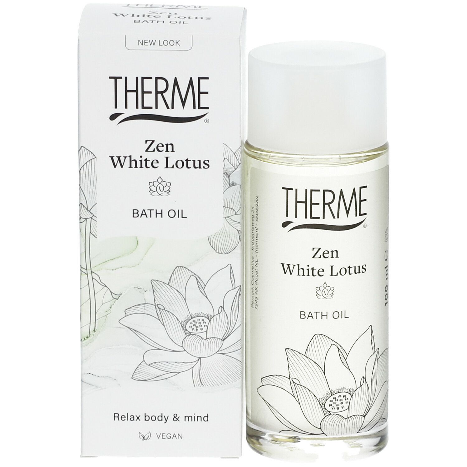 Flacon en verre et emballage. Inscription : THERME Zen White Lotus BATH OIL. Emballage avec illustration de fleur de lotus.