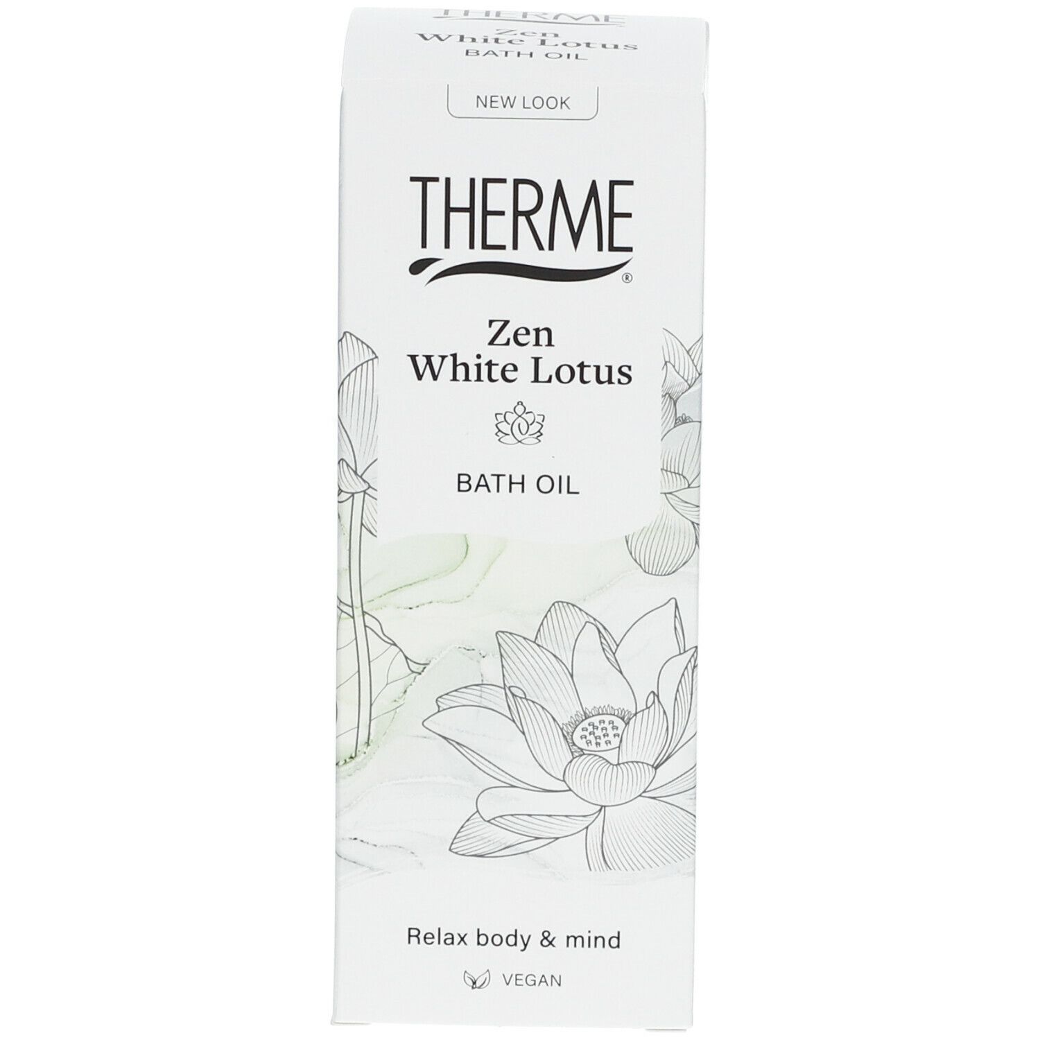Emballage. Inscription : THERME Zen White Lotus BATH OIL. Texte : Relax body & mind. Vegan.