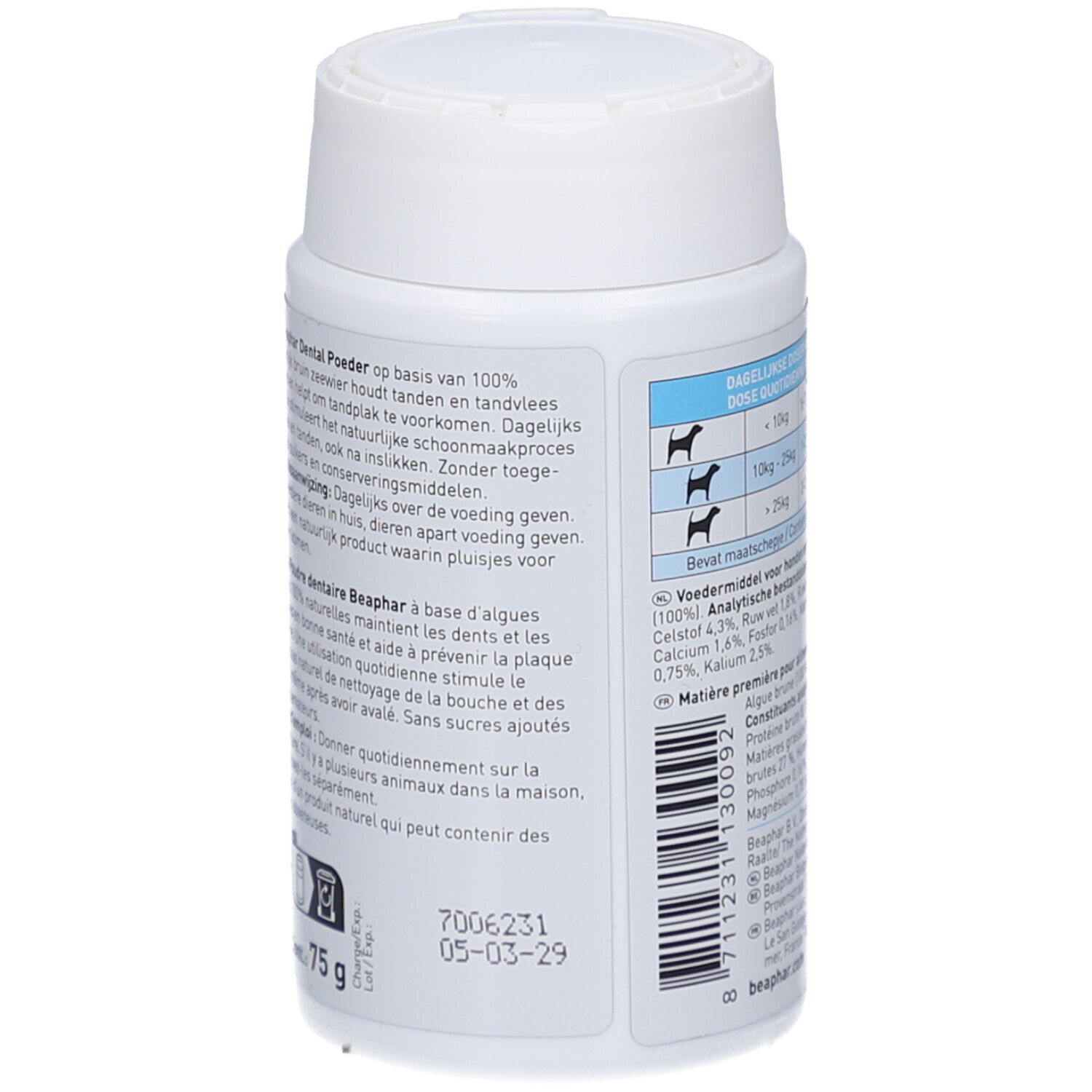 Rückseite der weißen Dose. Text über die Inhaltsstoffe und Anwendung. Gewicht: 75g. Mindesthaltbarkeitsdatum.