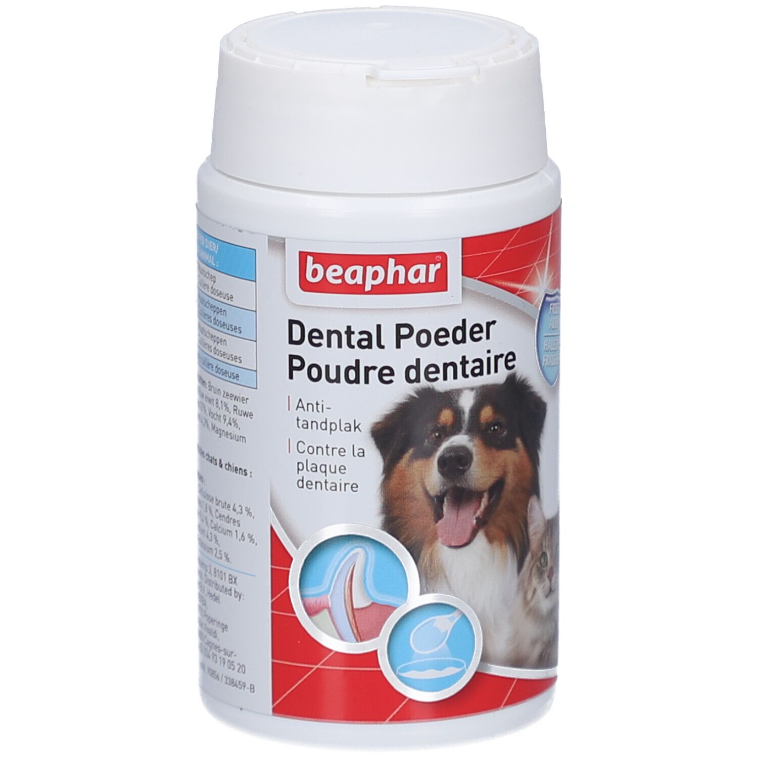 Weiße Dose mit rotem Etikett. Aufschrift: beaphar Dental Poeder. Abbildung eines Hundes und einer Katze. Anti-Zahnbelag.