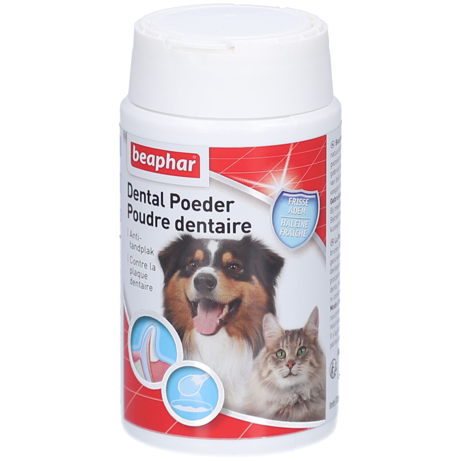 Weiße Dose mit rotem Etikett. Aufschrift: beaphar Dental Poeder. Abbildung eines Hundes und einer Katze. Anti-Zahnbelag.