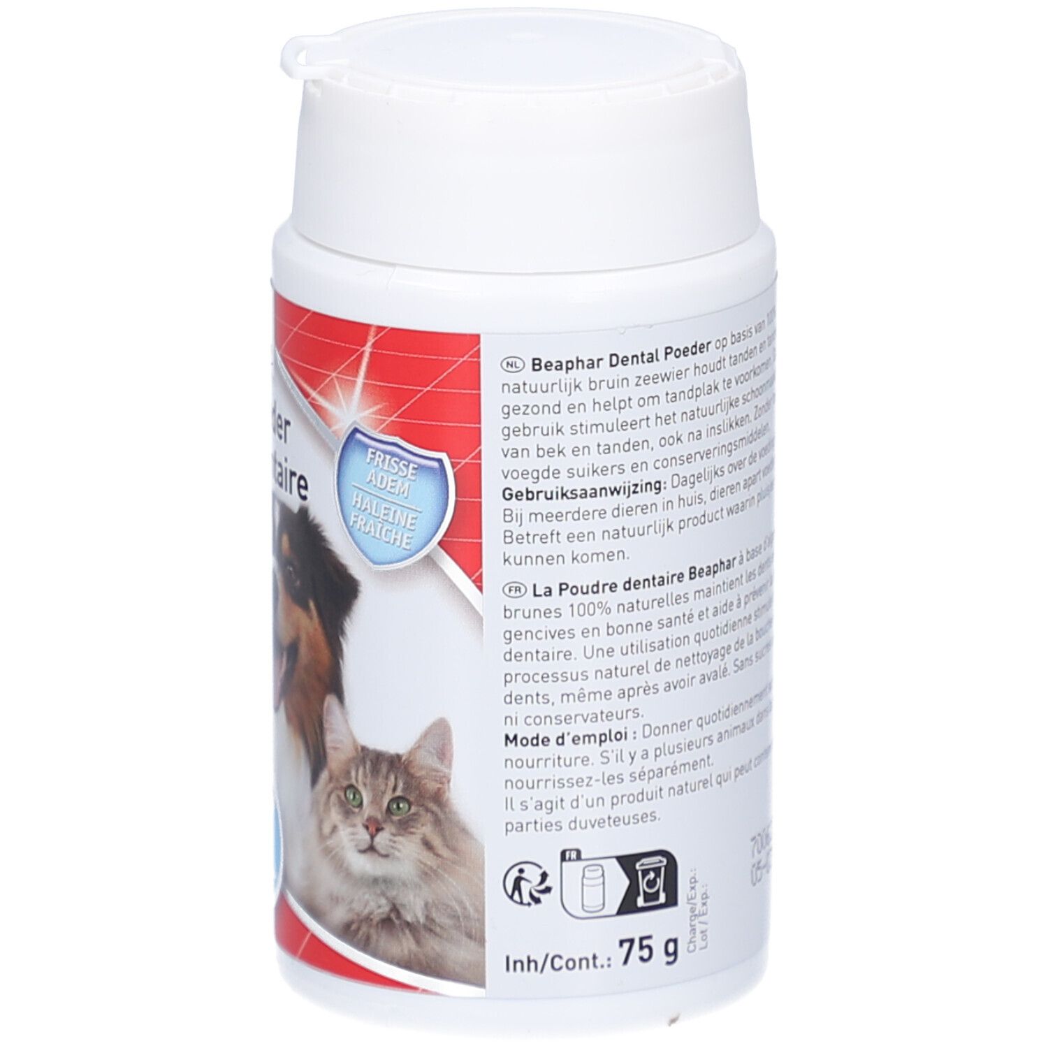 Weiße Dose mit rotem Etikett. Aufschrift: beaphar Dental Poeder. Abbildung eines Hundes und einer Katze. Anti-Zahnbelag.