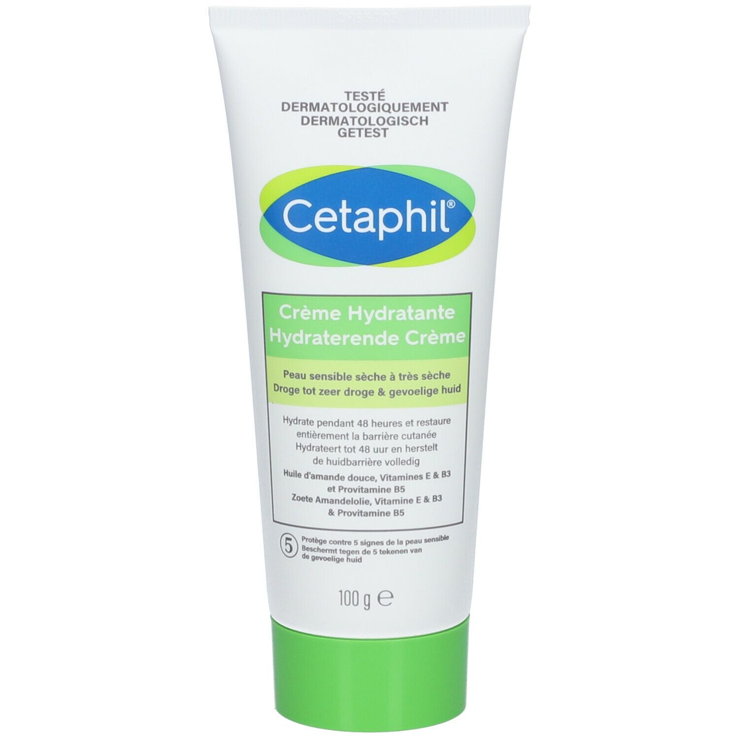 Cetaphil Crème Hydratante Tube. Grün-weiß. Text auf dem Tube. Dermatologisch getestet.