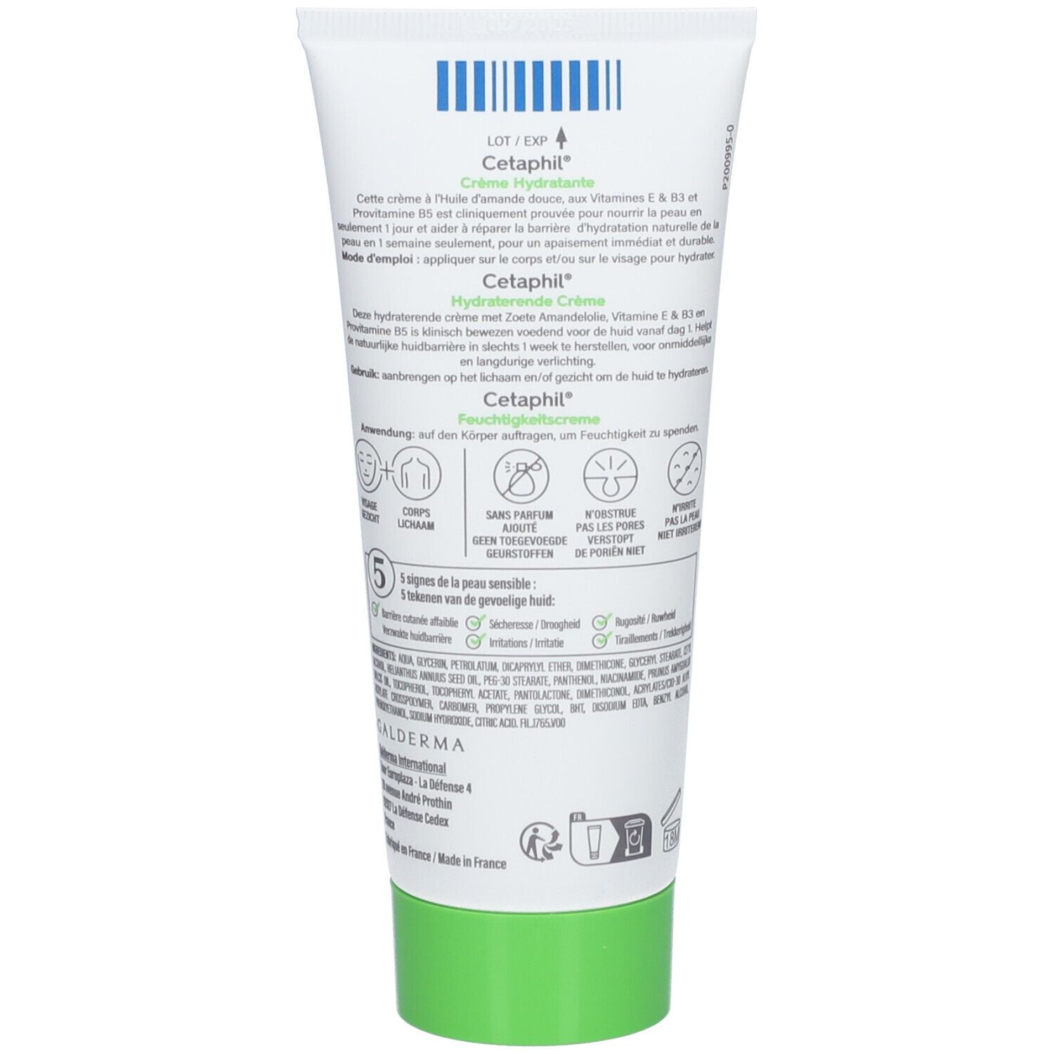 Rückseite der Cetaphil Crème Hydratante Tube. Text und Symbole. Hergestellt in Frankreich.